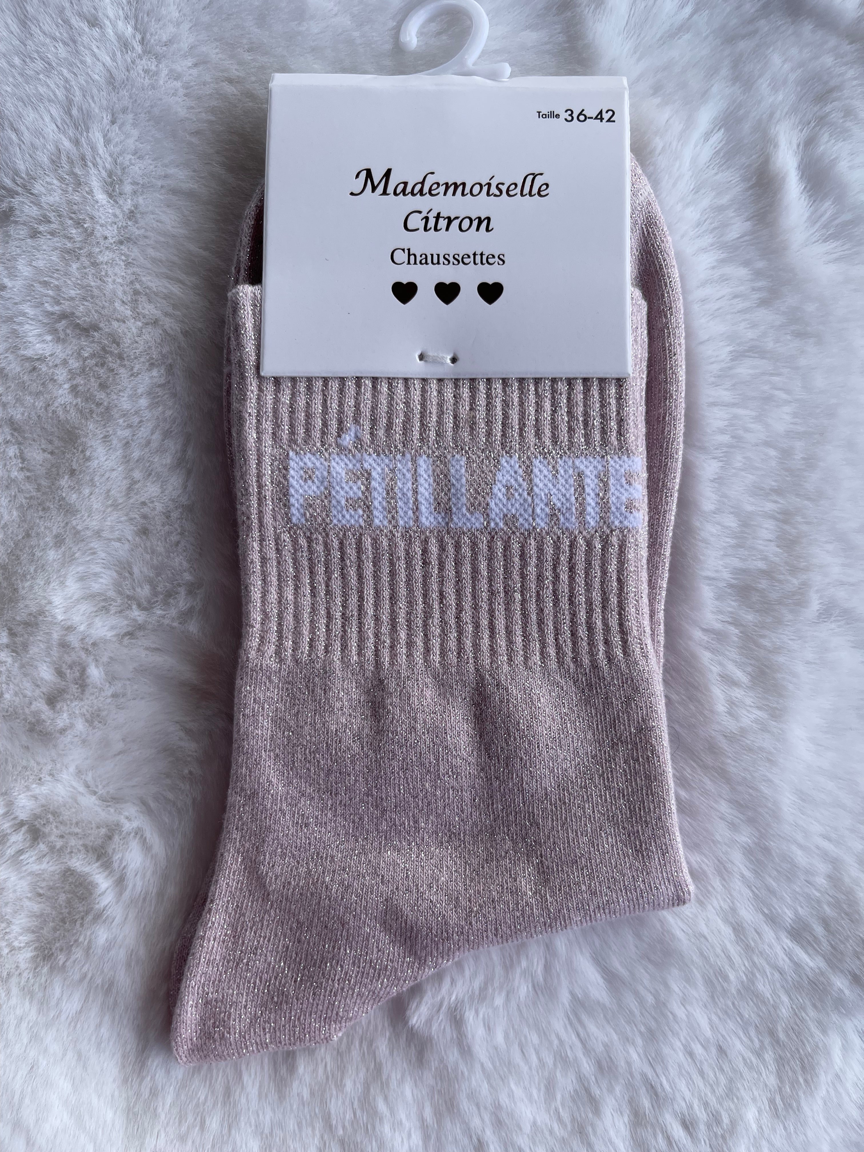 Chaussettes "Pétillante" Rose Nude Pailleté – Mademoiselle Citron