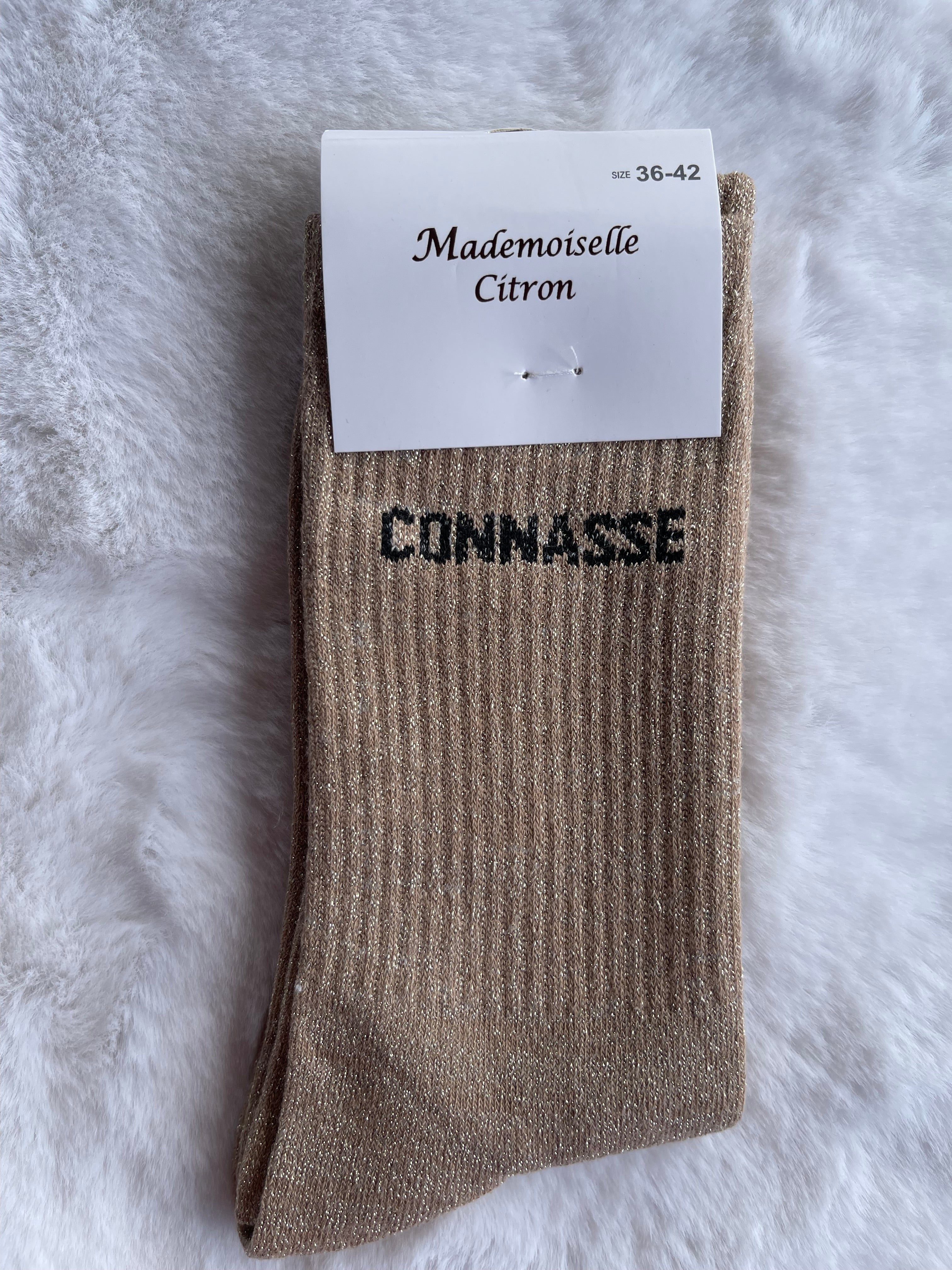 Chaussettes "Connasse" Beige Doré Pailleté – Mademoiselle Citron