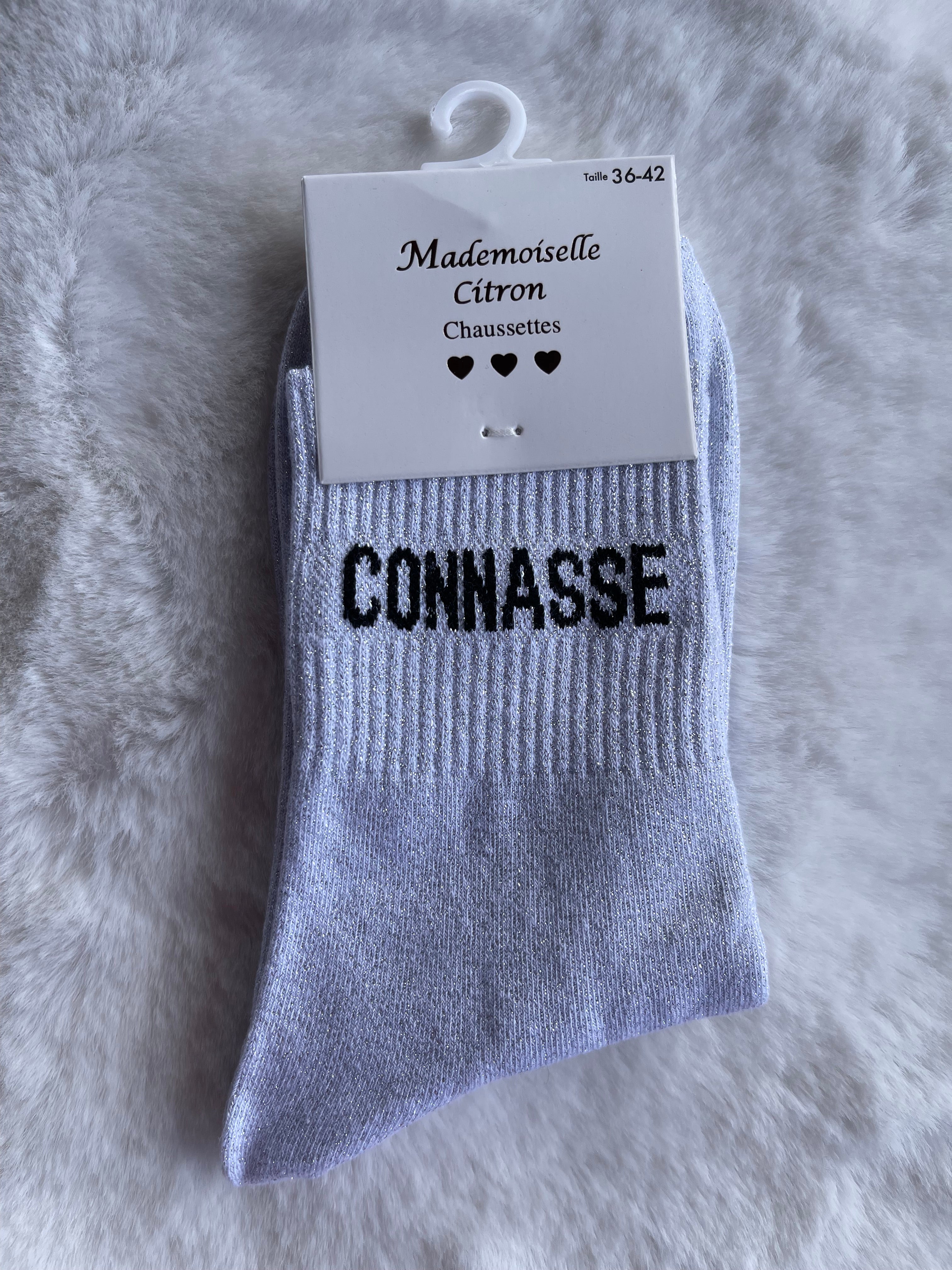 Chaussettes "Connasse" Blanc Pailleté Argenté – Mademoiselle Citron