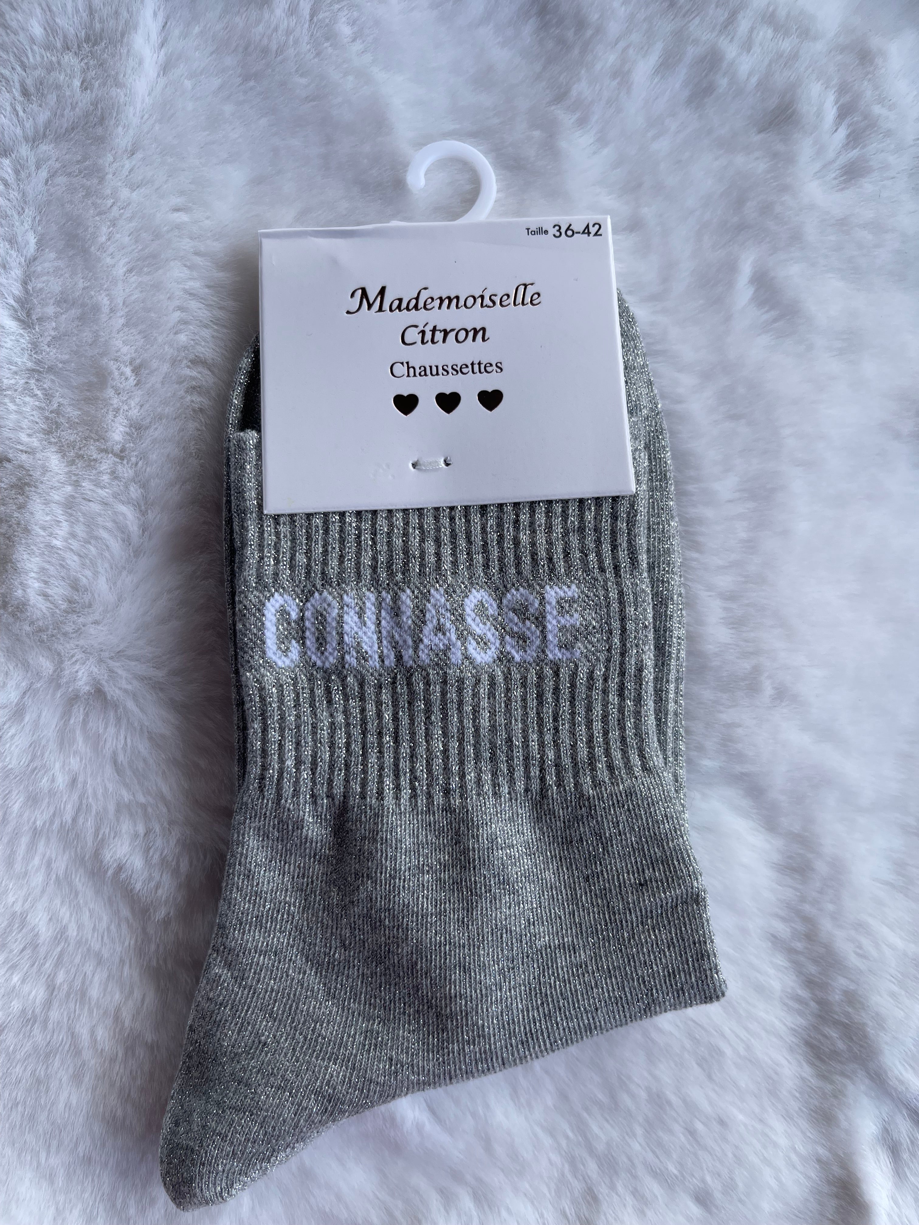 Chaussettes "Connasse" Gris Argenté Pailleté – Mademoiselle Citron