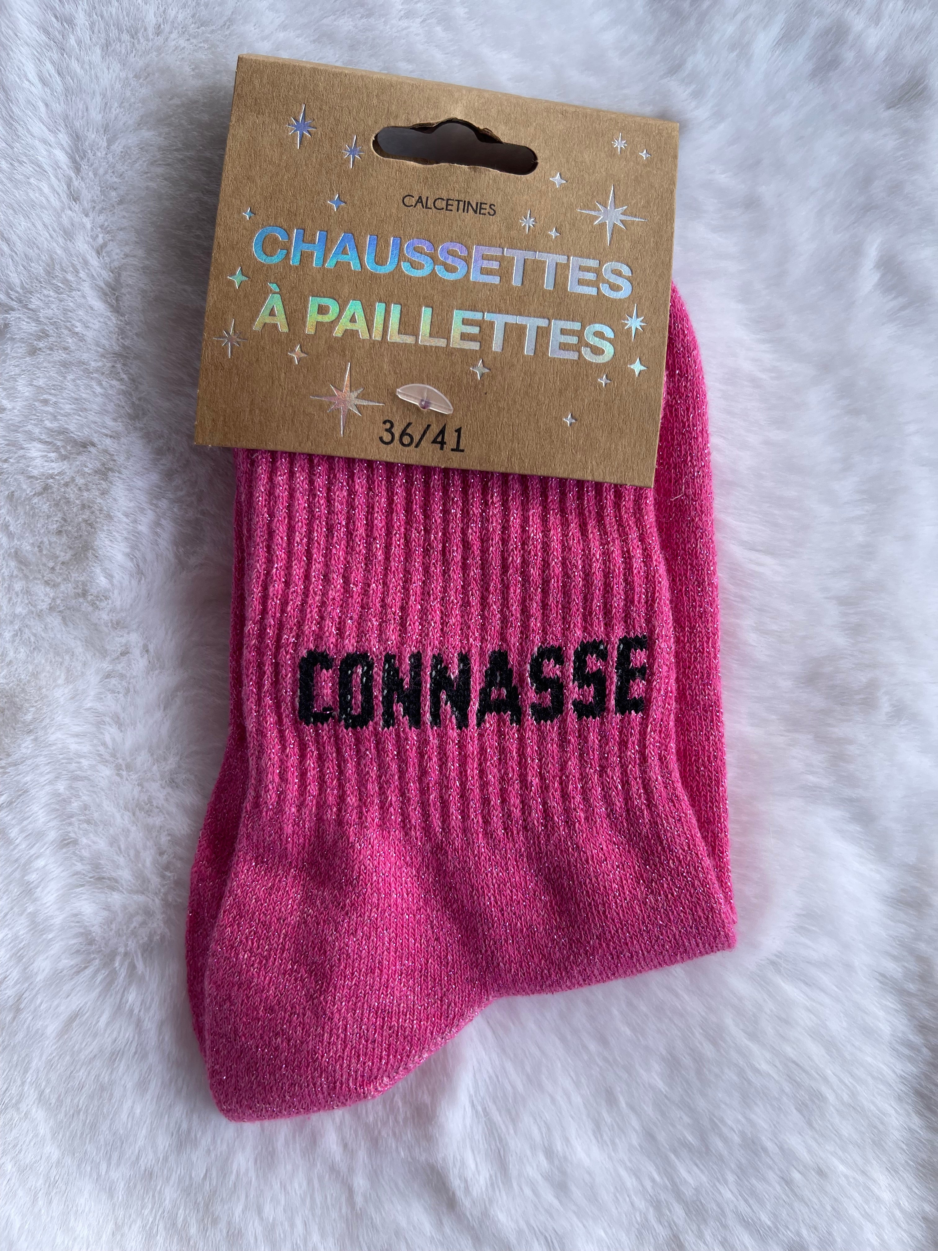 Chaussettes "Connasse" Rose Fuchsia Pailleté – Chaussettes à Paillettes