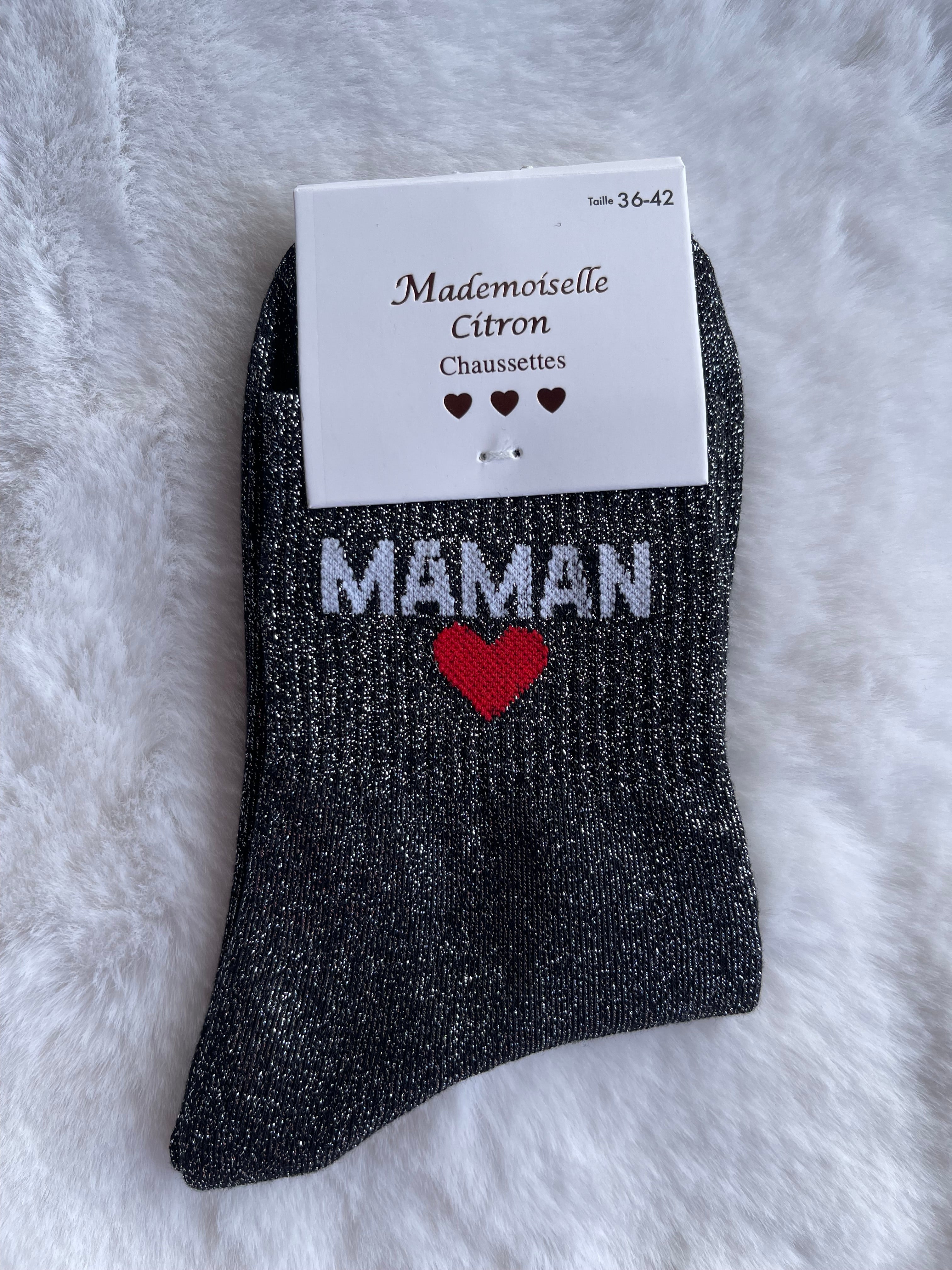 Chaussettes "Maman" Noir Pailleté Argenté – Mademoiselle Citron