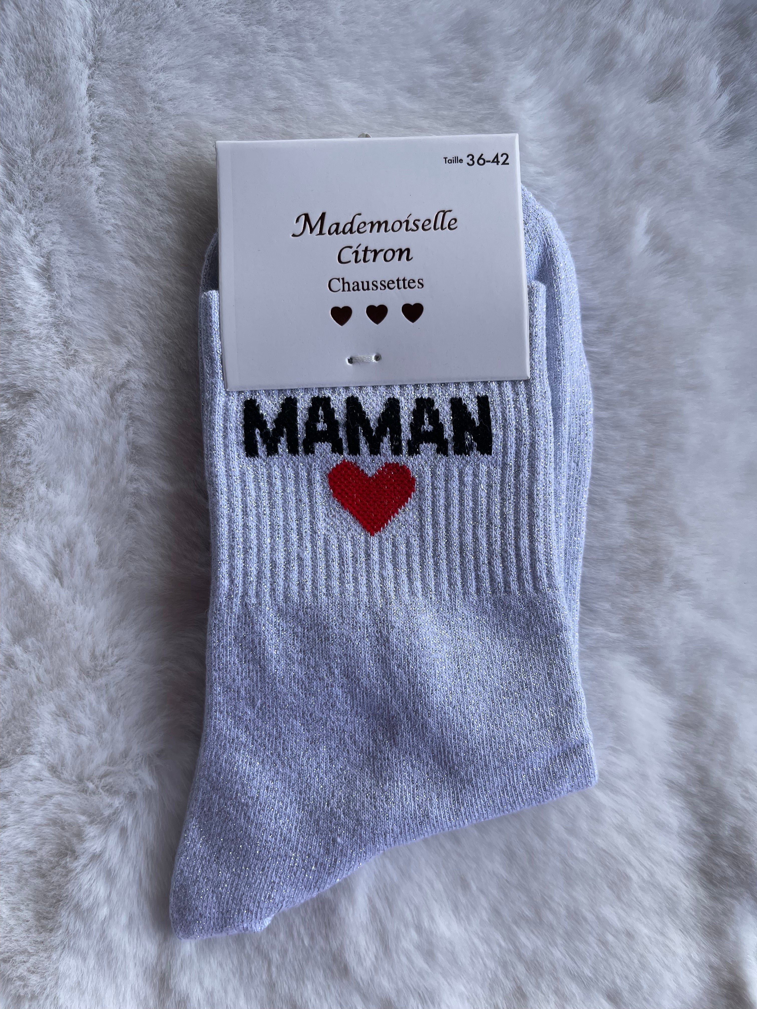 Chaussettes "Maman" Blanc Pailleté Argenté – Mademoiselle Citron
