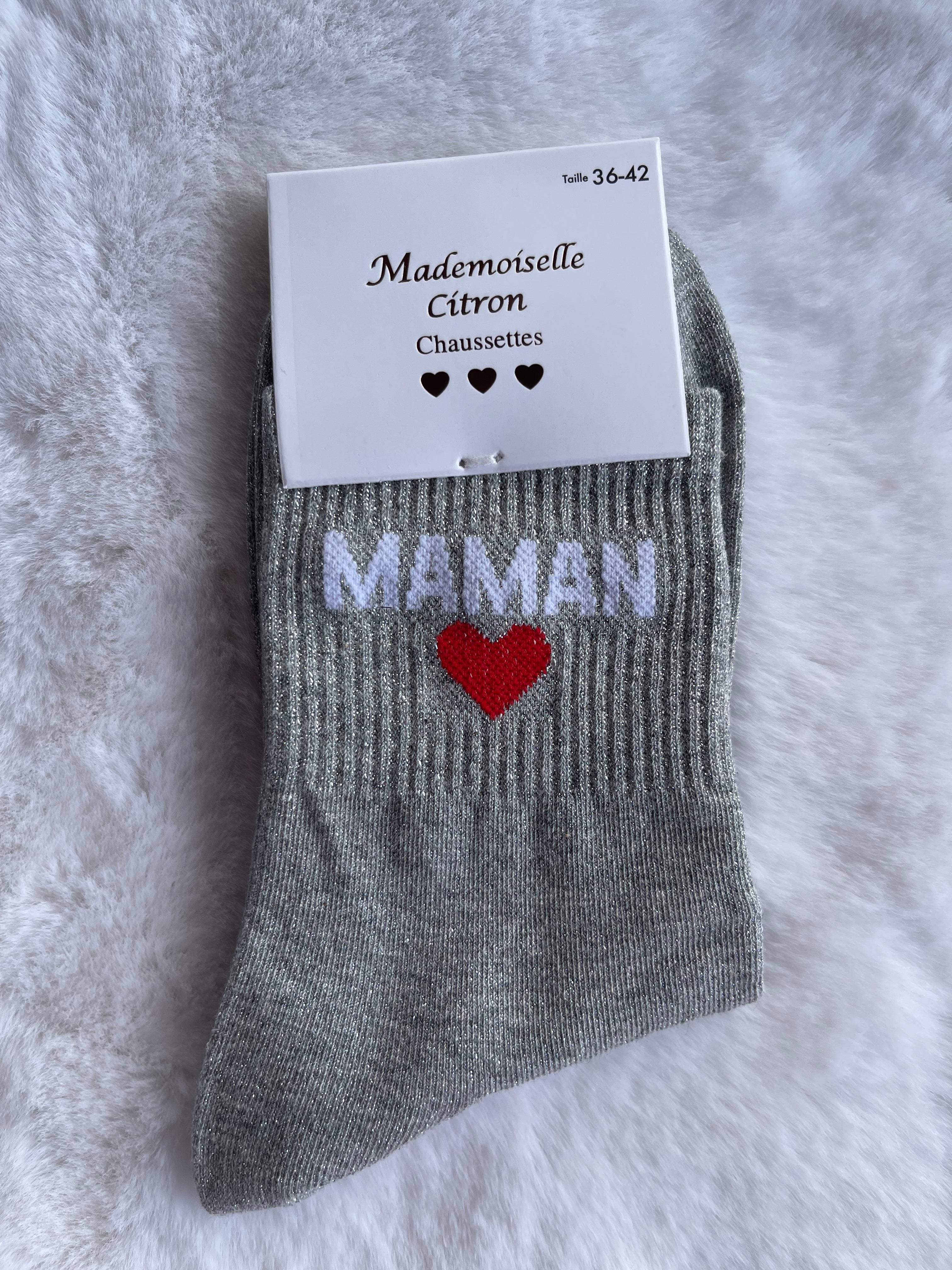 Chaussettes "Maman" Gris Argenté Pailleté – Mademoiselle Citron