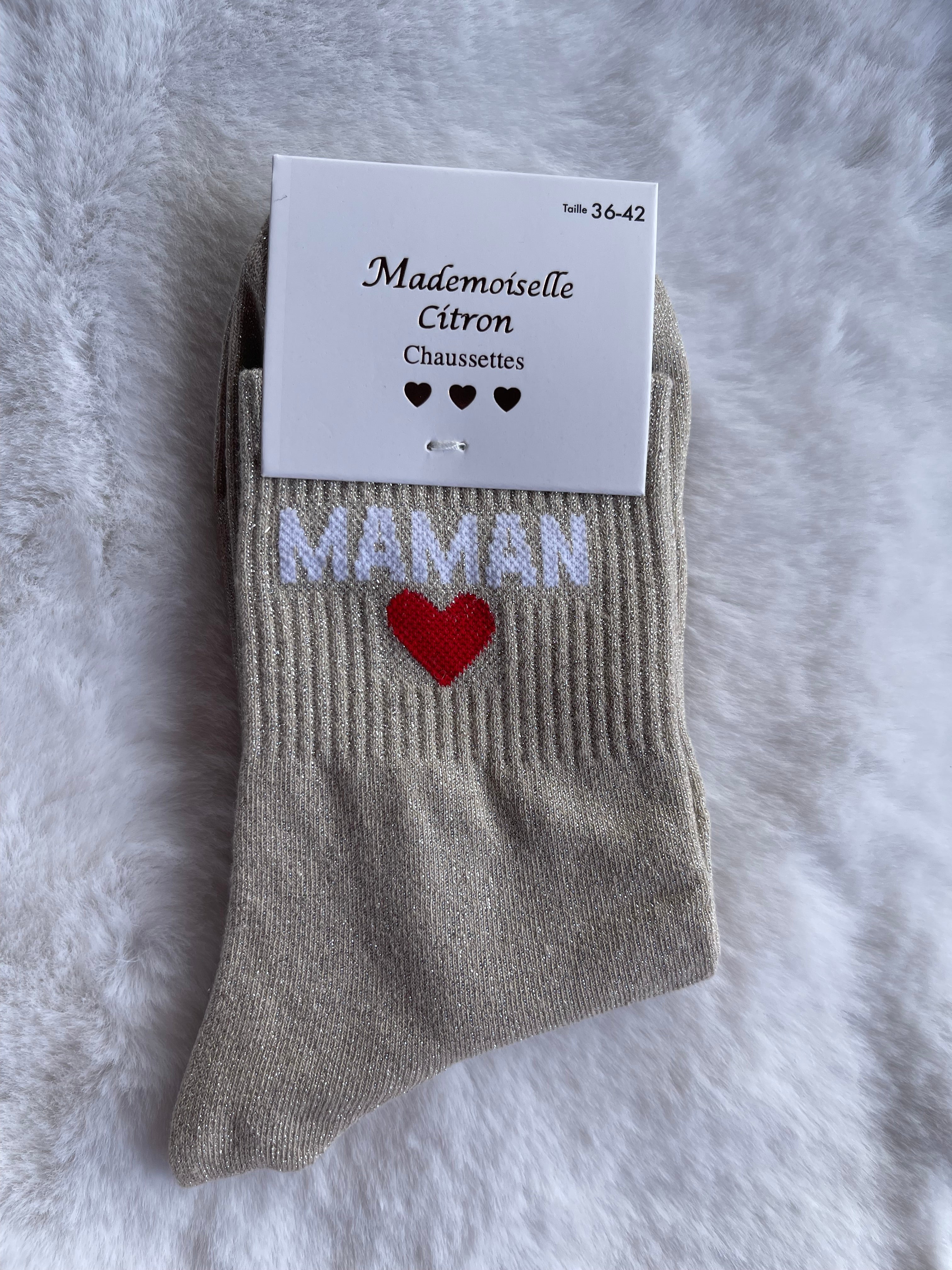 Chaussettes "Maman" Beige Doré Pailleté – Mademoiselle Citron