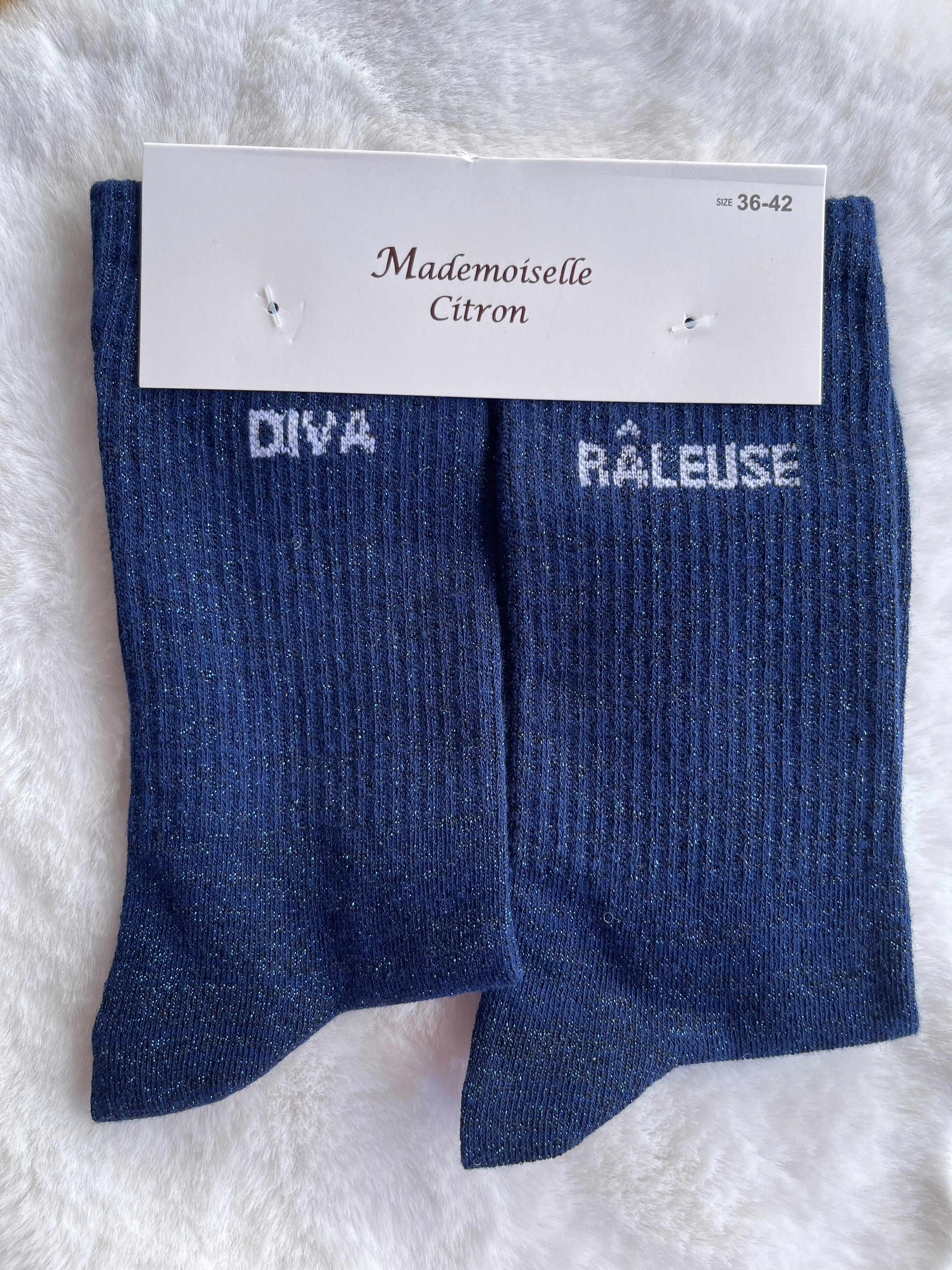 Chaussettes "Diva Râleuse" Bleu Marine Pailleté – Mademoiselle Citron