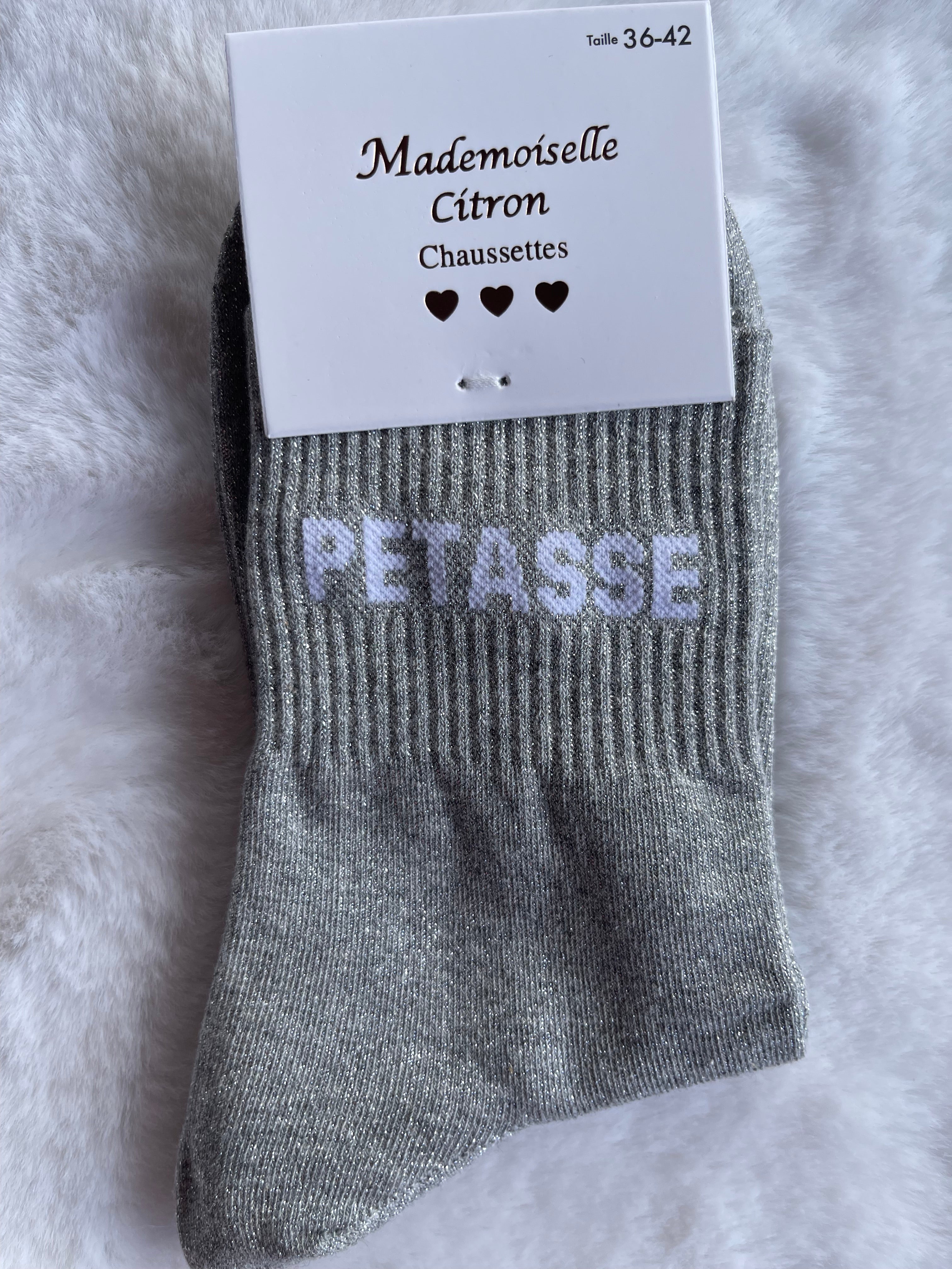 Chaussettes "Pétasse" Gris Argenté Pailleté – Mademoiselle Citron