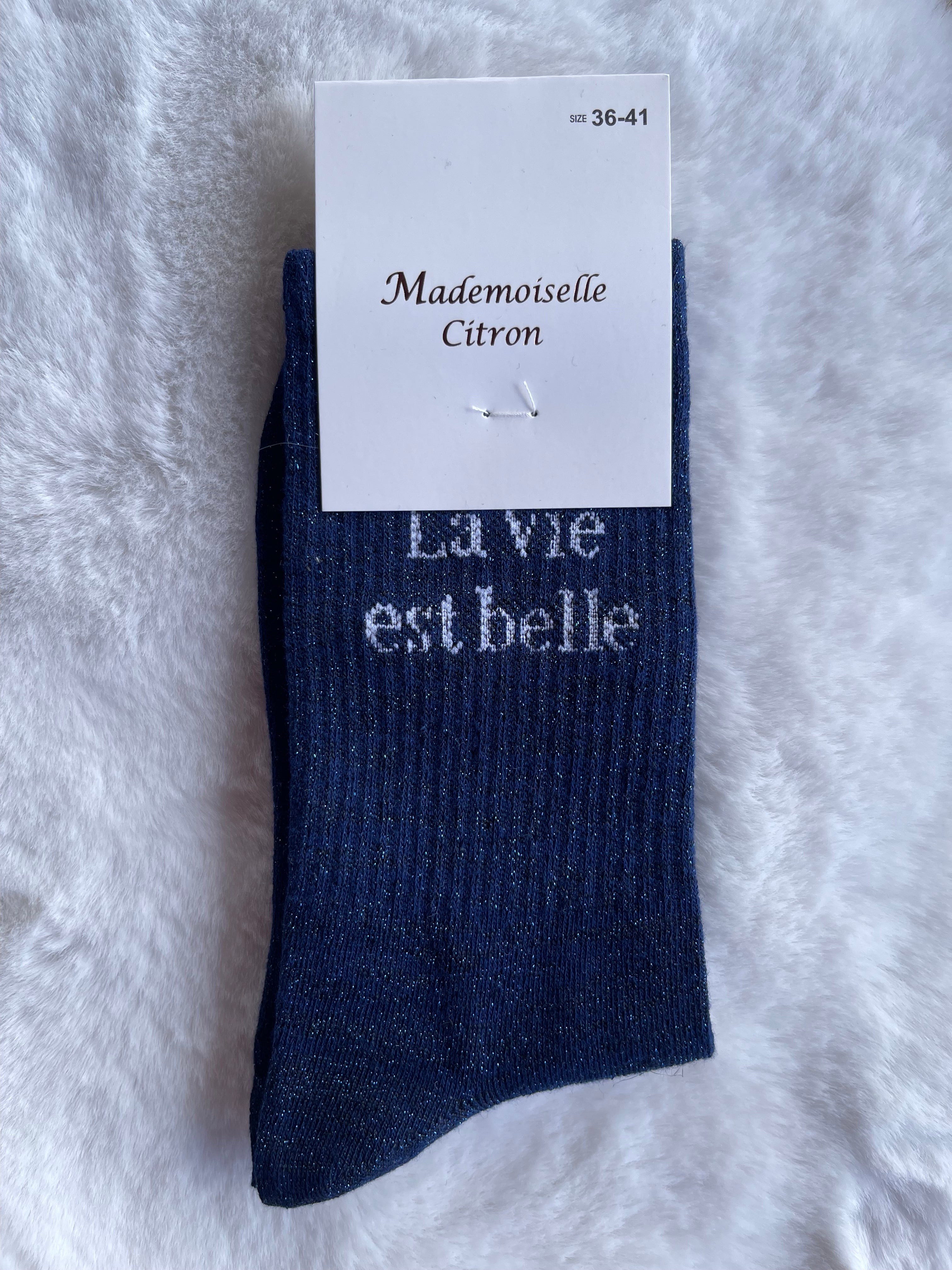 Chaussettes "La vie est belle" Bleu Marine Pailleté – Mademoiselle Citron