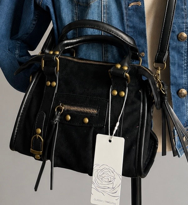 Sac à Main Style Rock Y2K 🔖 – Suédine Noire & Bronze Antique