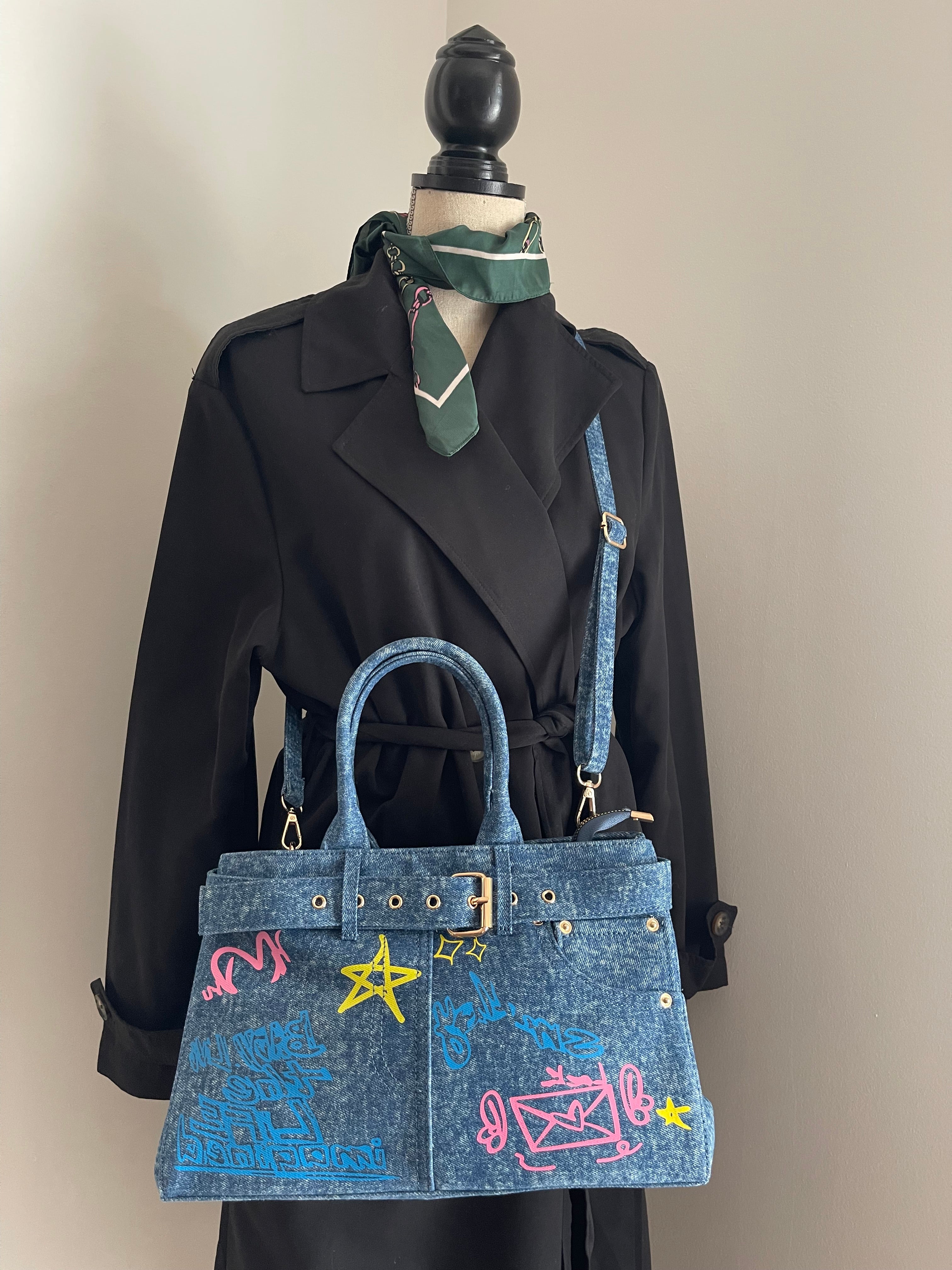 Sac à Main Jean Graffiti Y2K 🎨 – Bleu & Multicolore