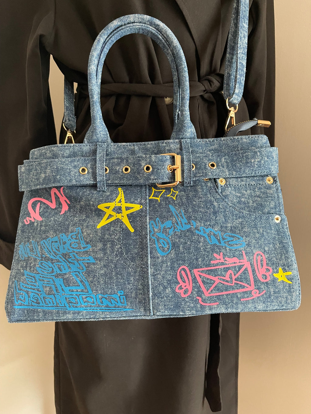 Sac à Main Jean Graffiti Y2K 🎨 – Bleu & Multicolore