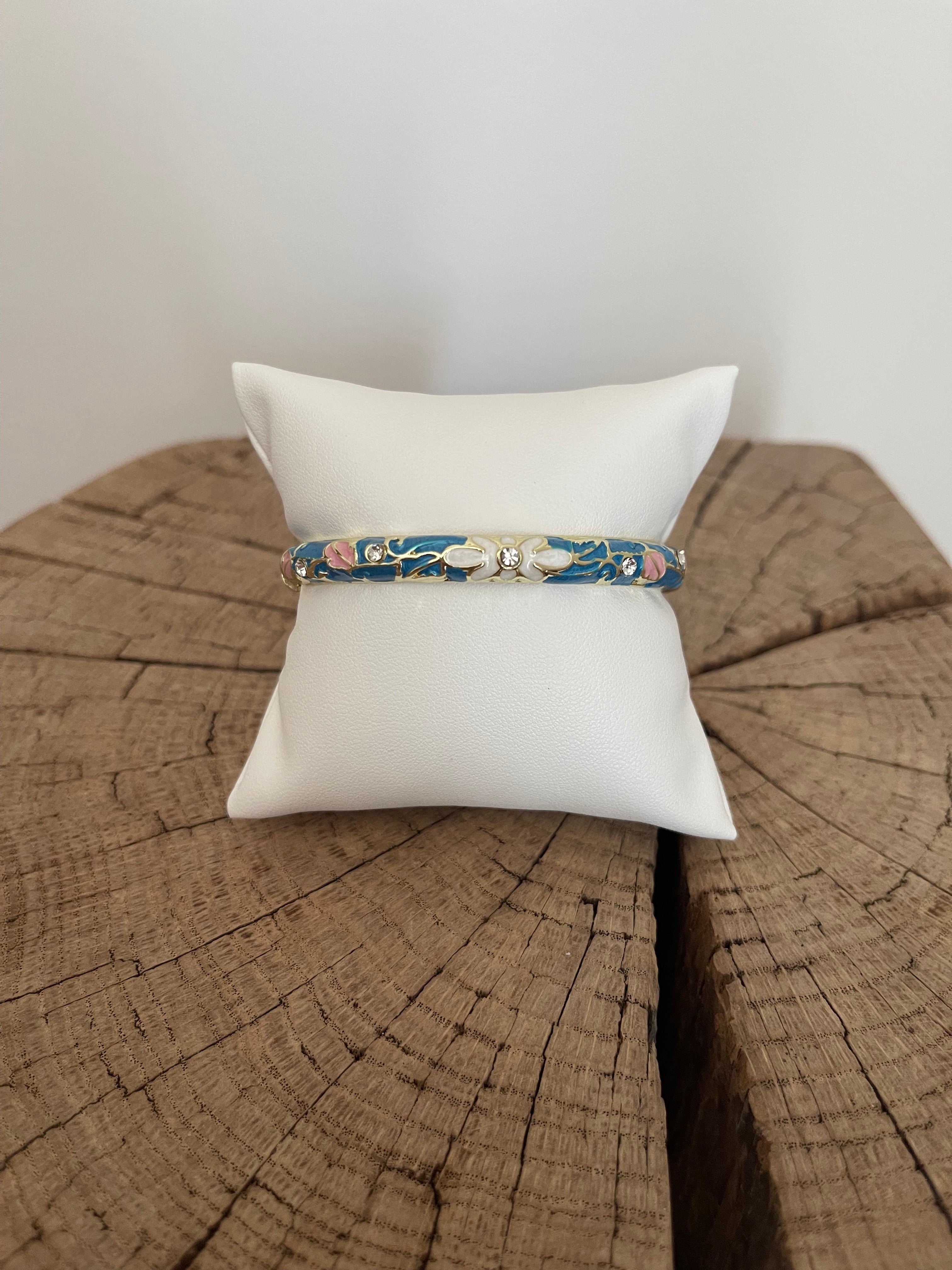 Jonc Émaillé 🌿 – Bleu Canard Fleuri & Strass Dorés