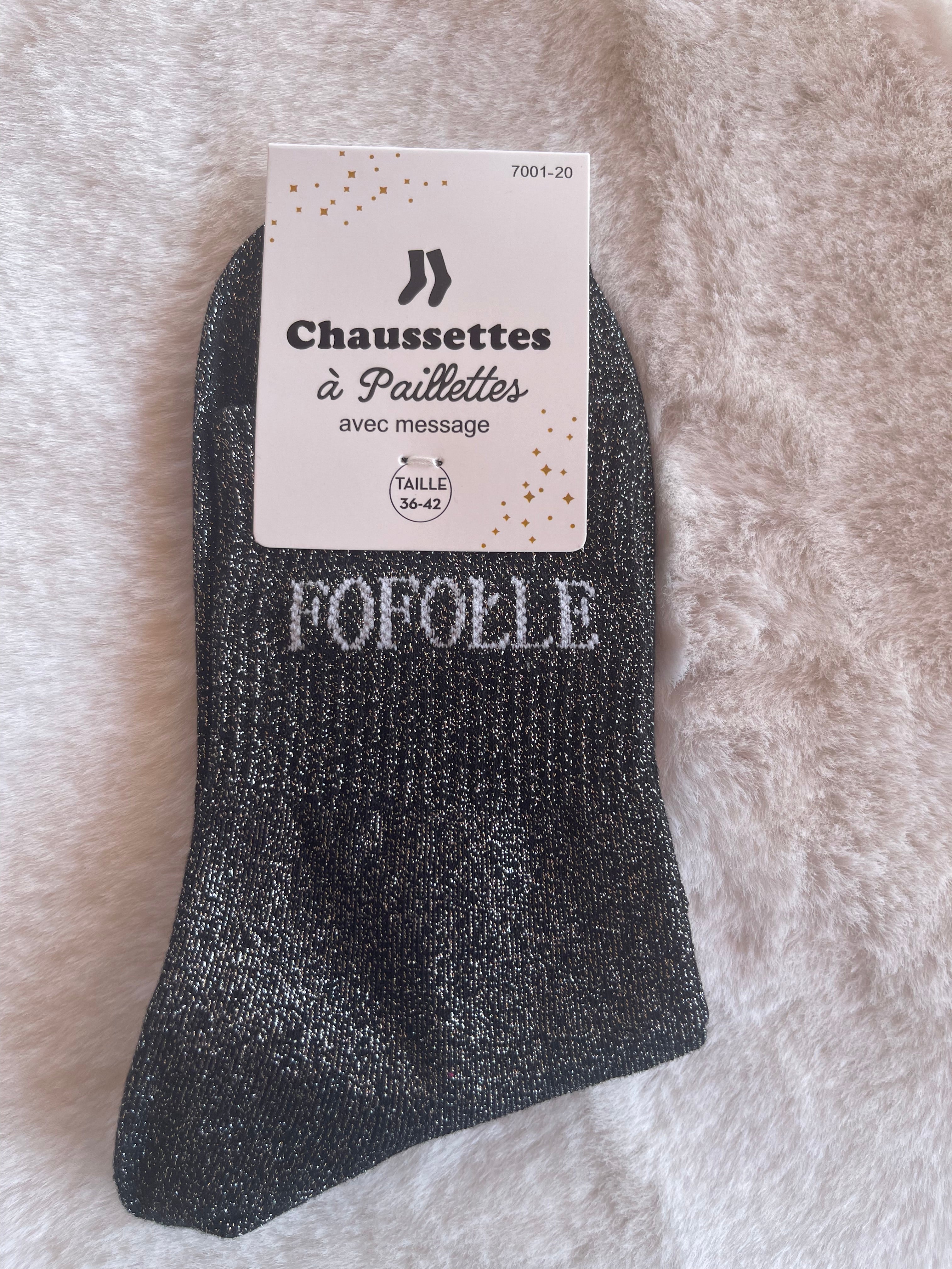 Chaussettes à Paillettes ✨ – "FOFOLLE" Noir Pailleté Argent