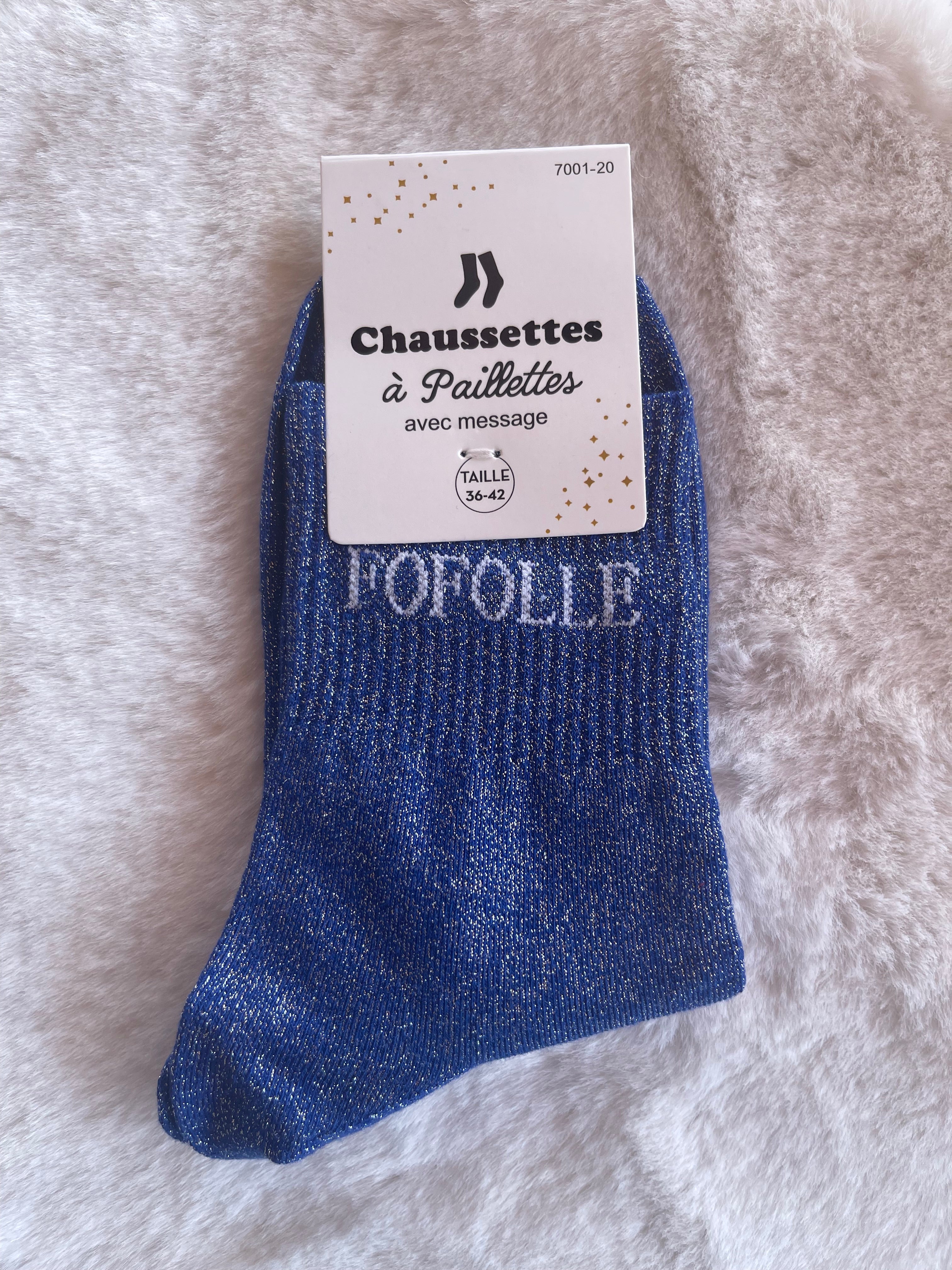 Chaussettes à Paillettes ✨ – "FOFOLLE" Bleu Roi