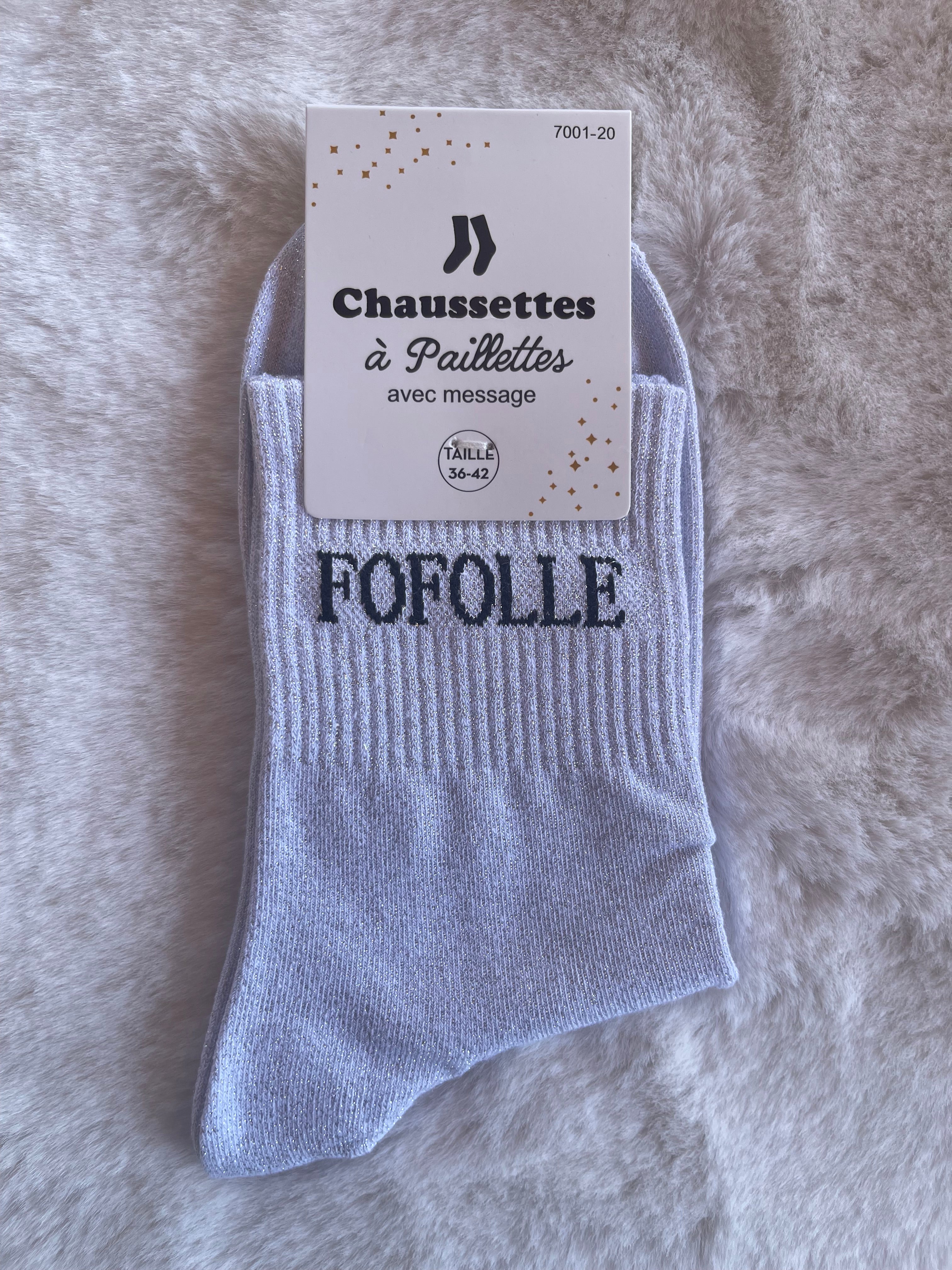 Chaussettes à Paillettes ✨ – "FOFOLLE" Blanc Pailleté Argenté