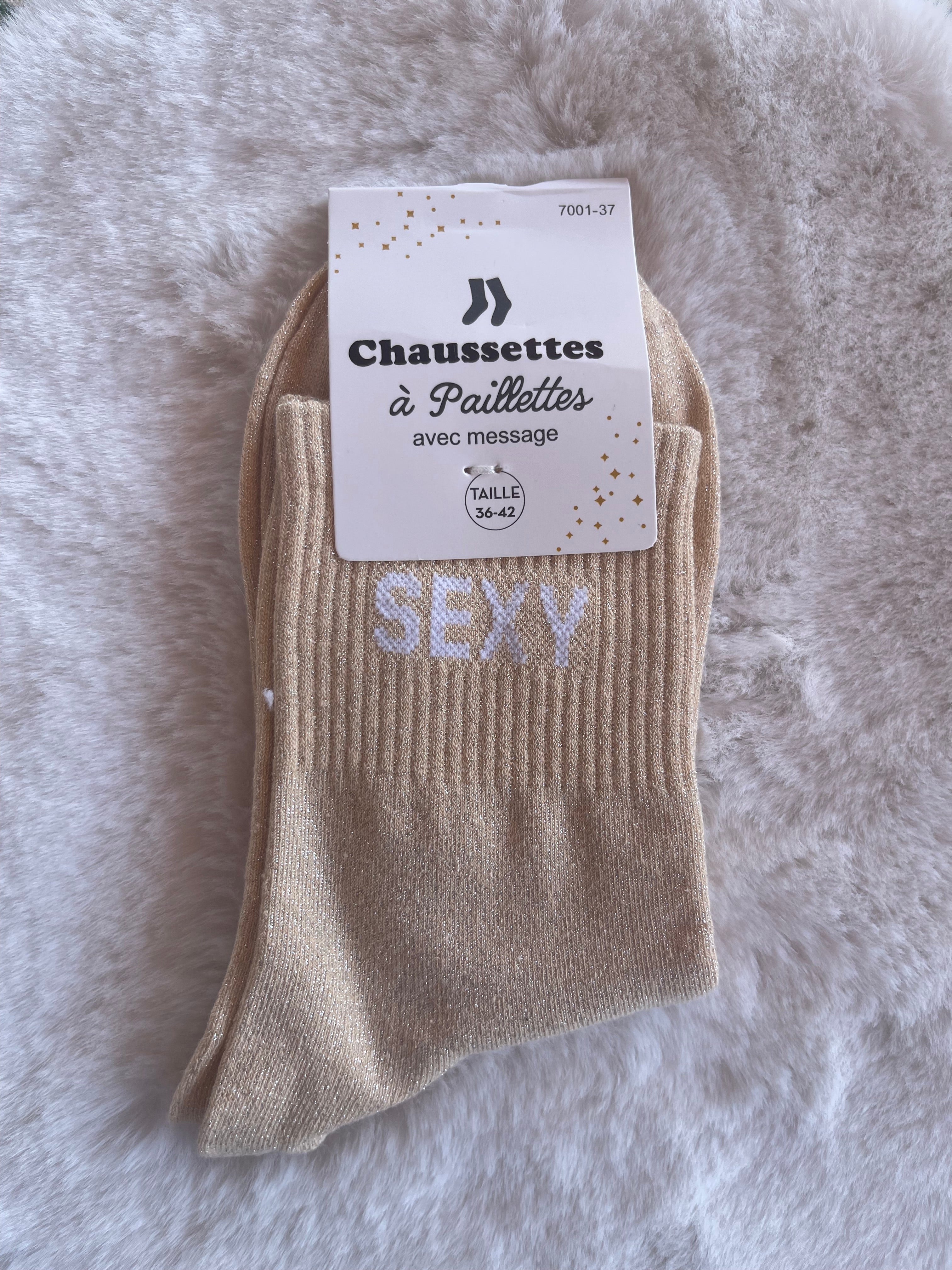 Chaussettes à Paillettes ✨ – "SEXY" Beige Doré Nacré