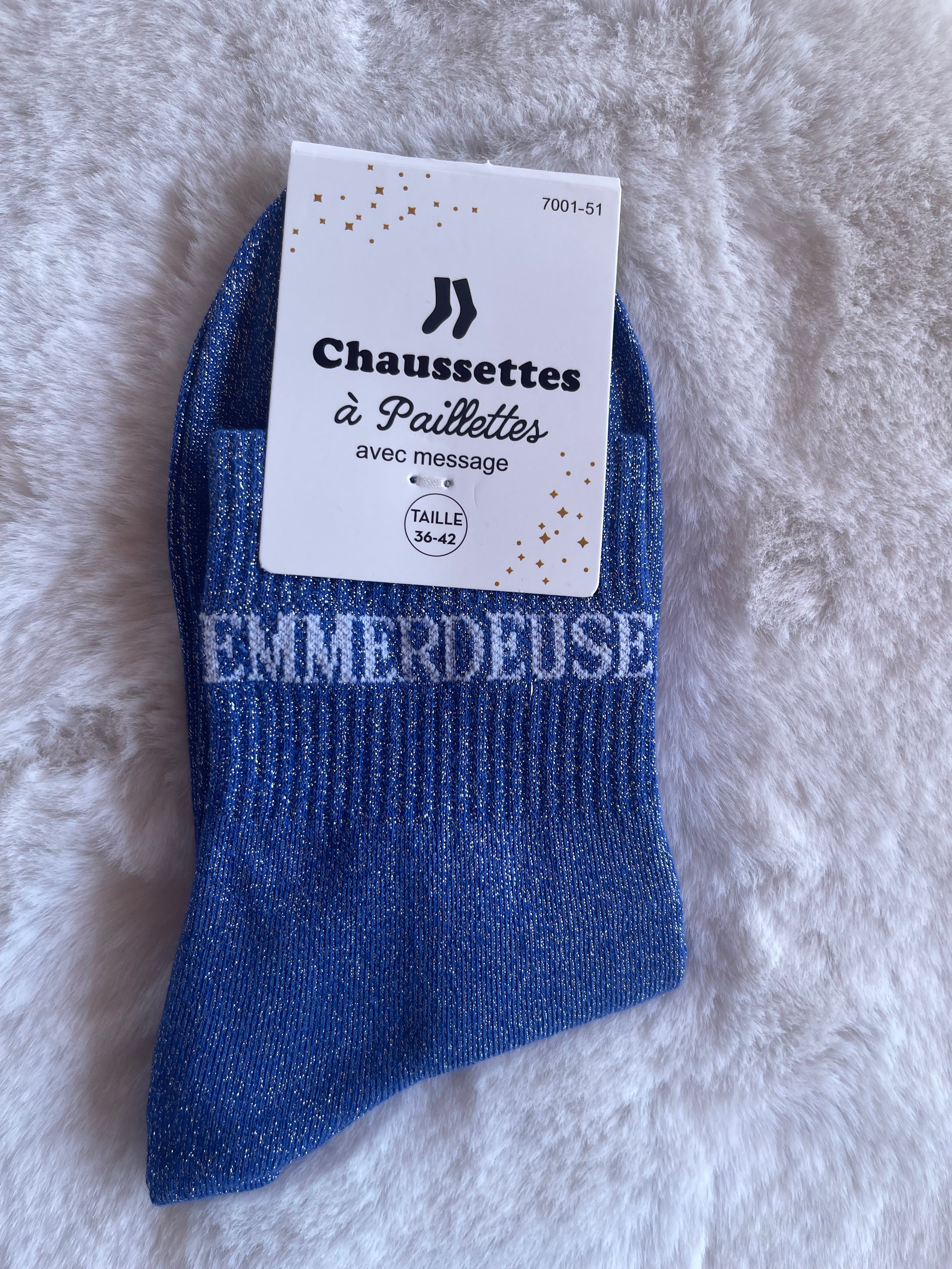Chaussettes à Paillettes "Emmerdeuse" - Bleu Roi