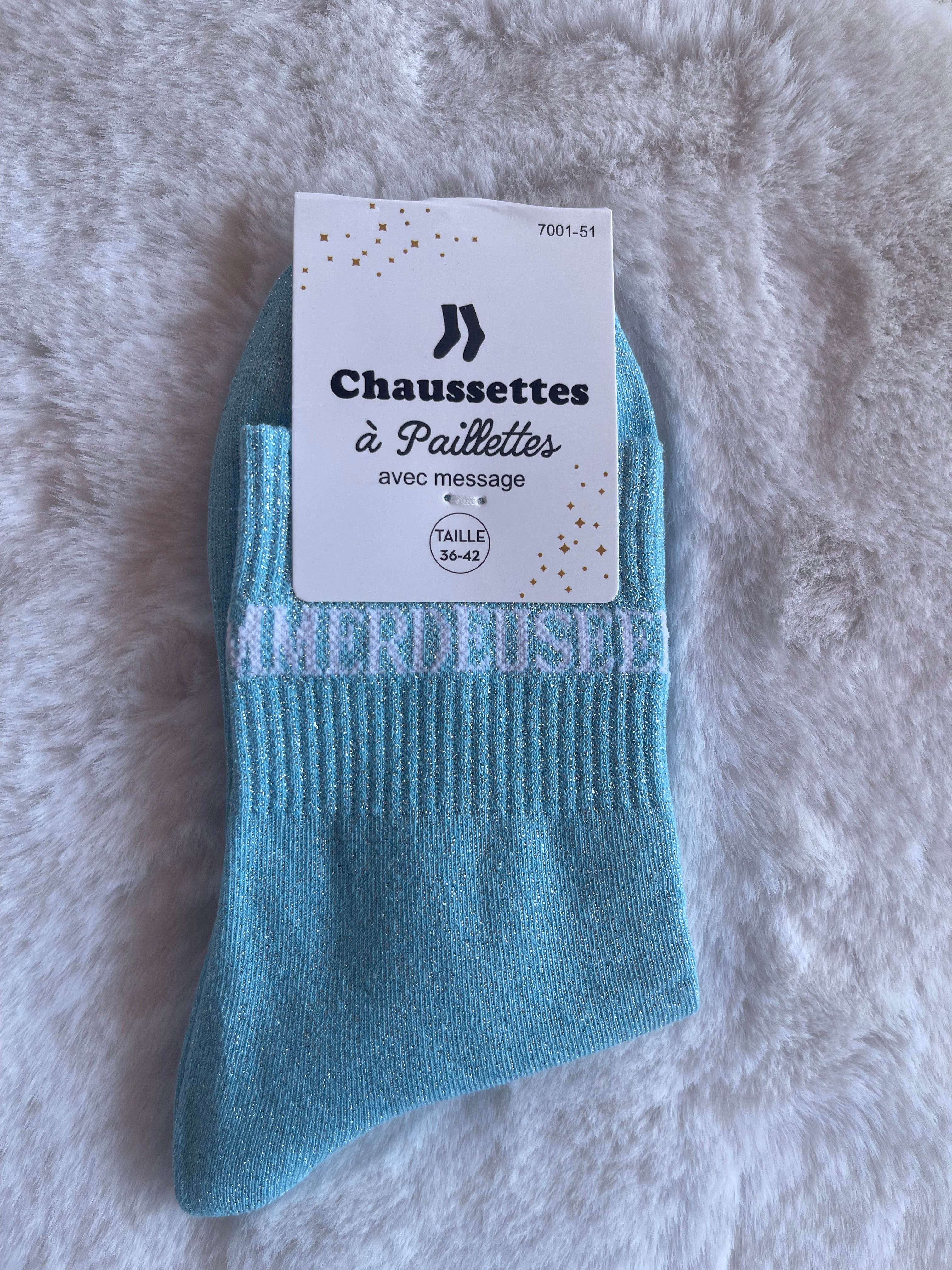Chaussettes à Paillettes "Emmerdeuse" - Bleu Ciel