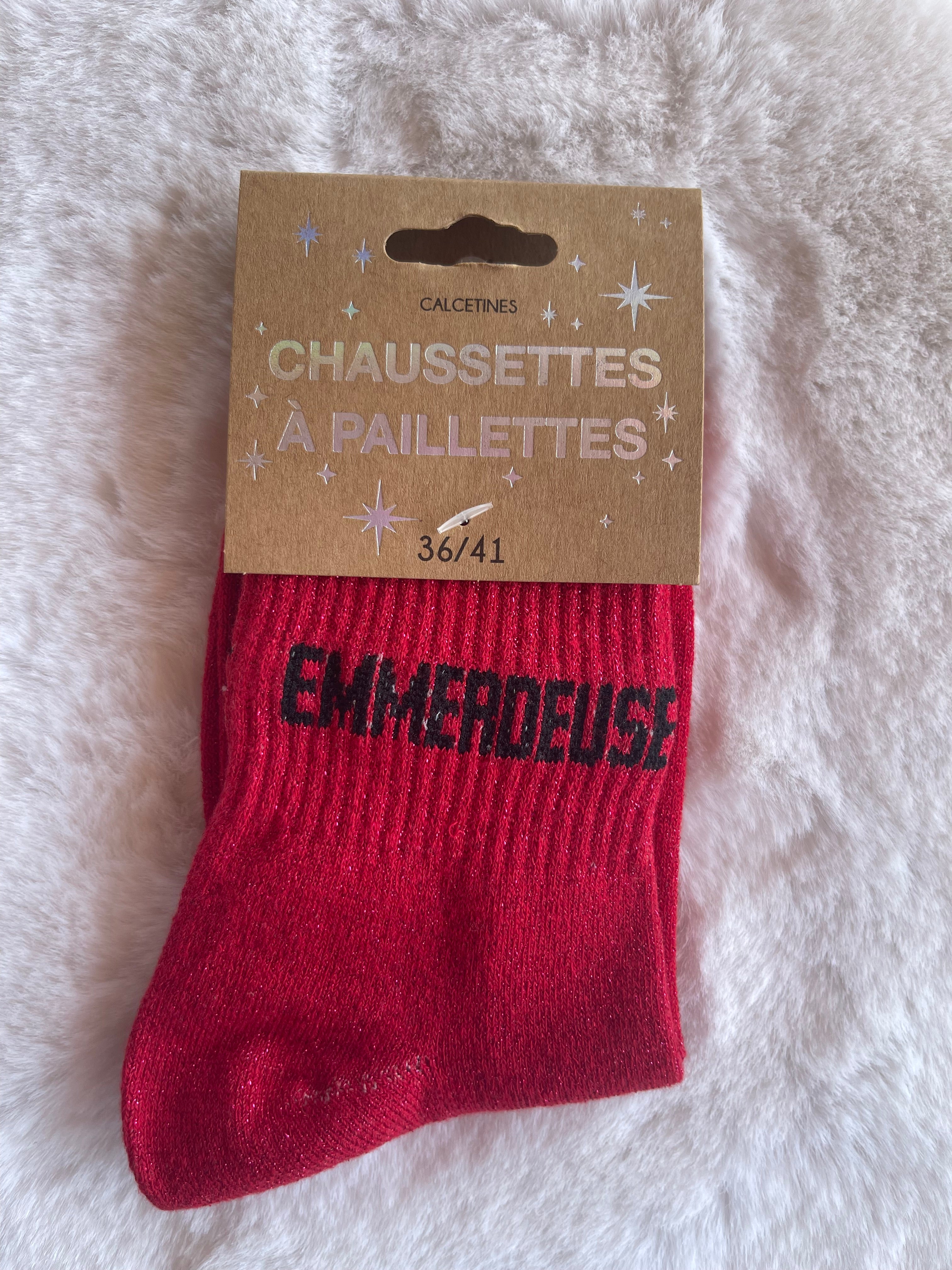 Chaussettes à Paillettes "Emmerdeuse" - Rouge Framboise