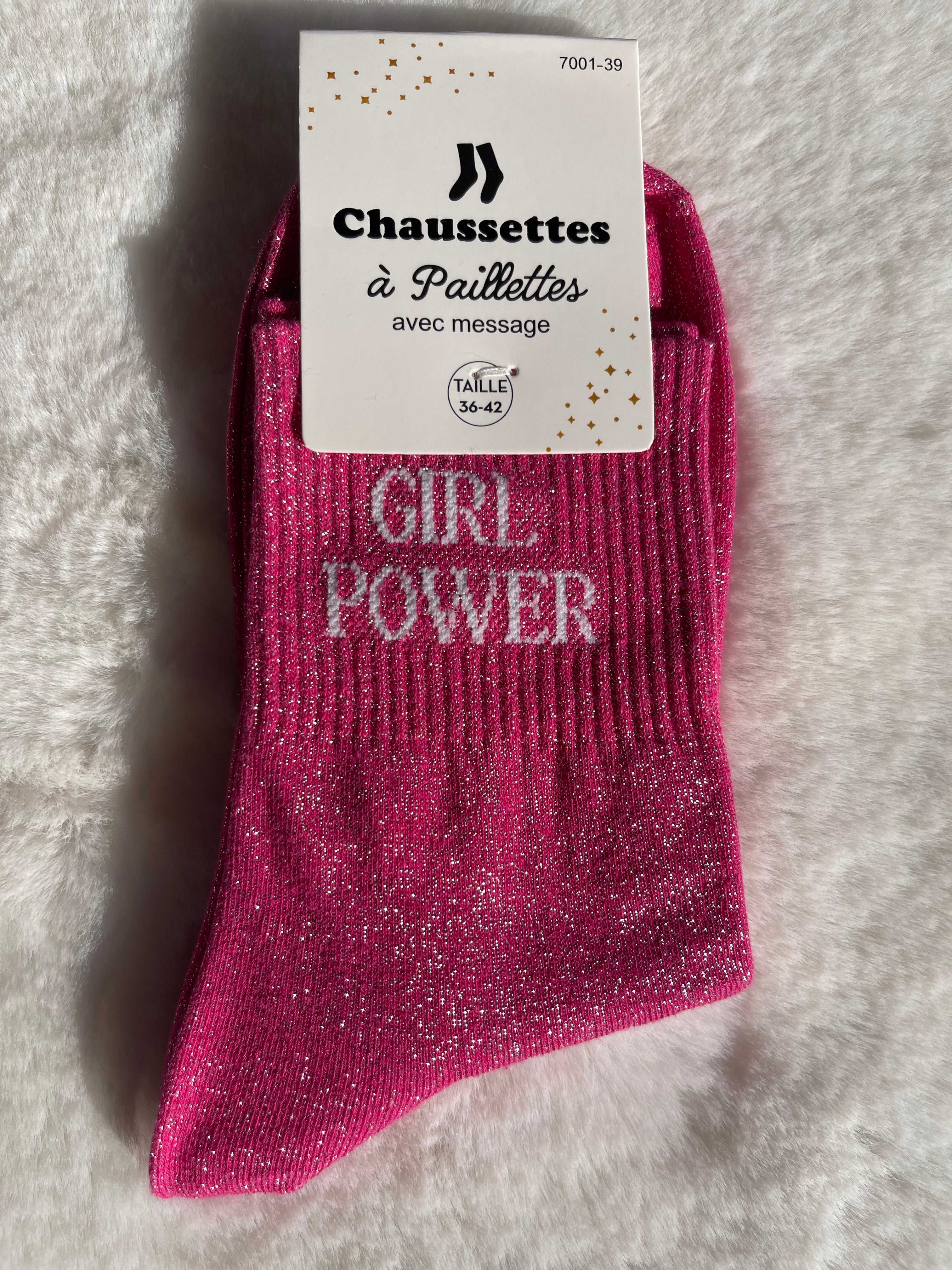 Chaussettes à Paillettes "Girl Power" - Rose Framboise