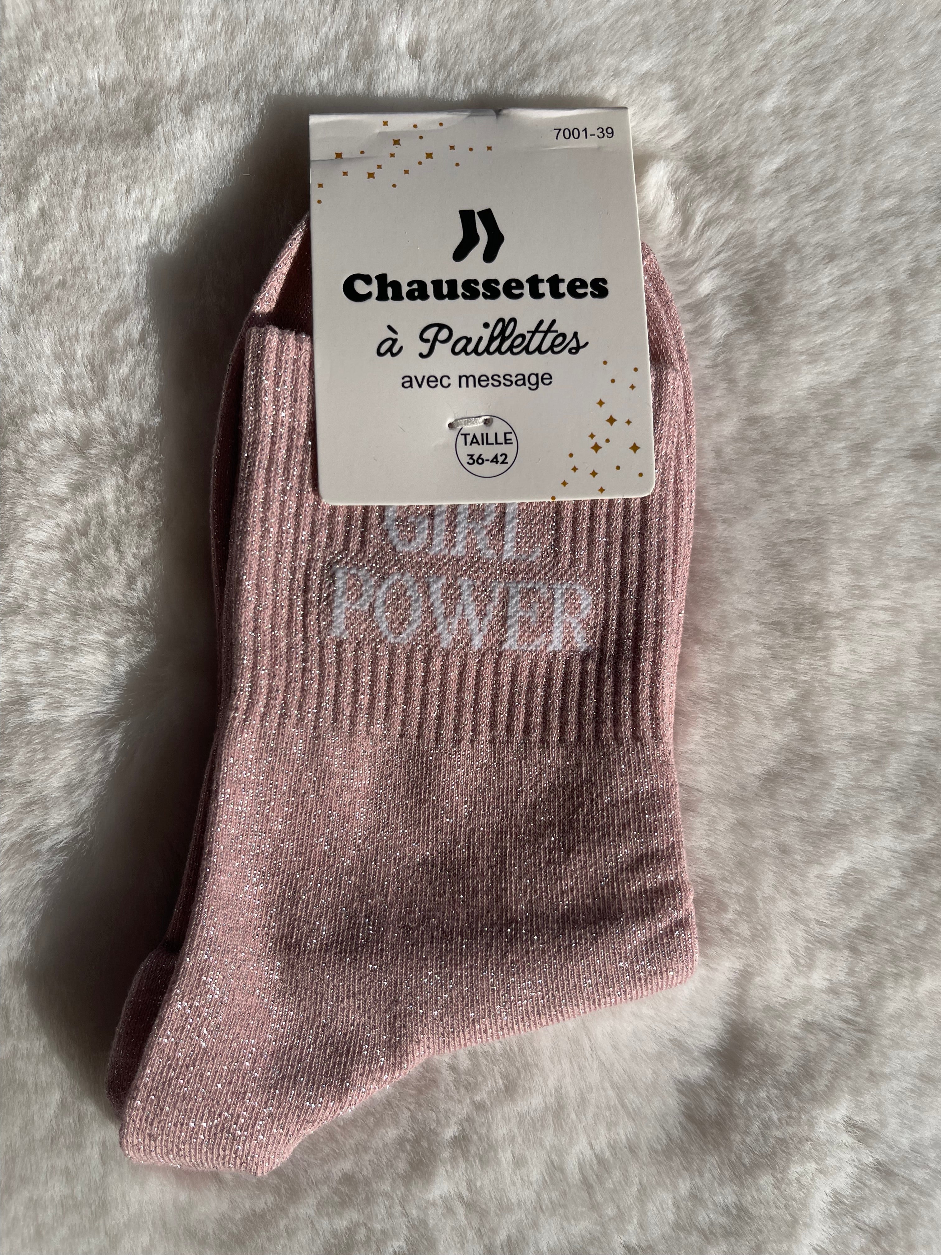 Chaussettes à Paillettes "Girl Power" - Rose Poudré