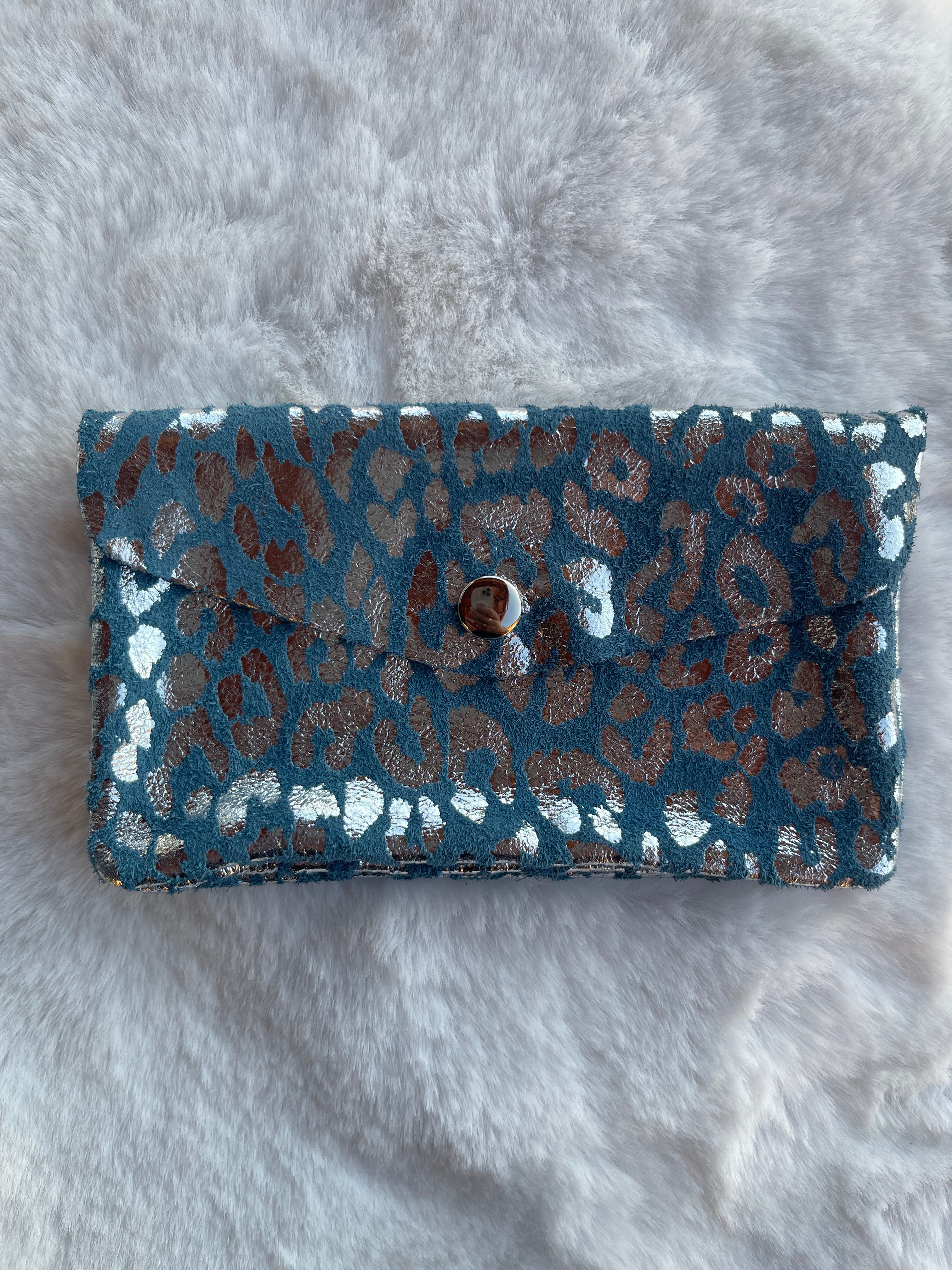Portefeuille Léopard Bleu Métallisé