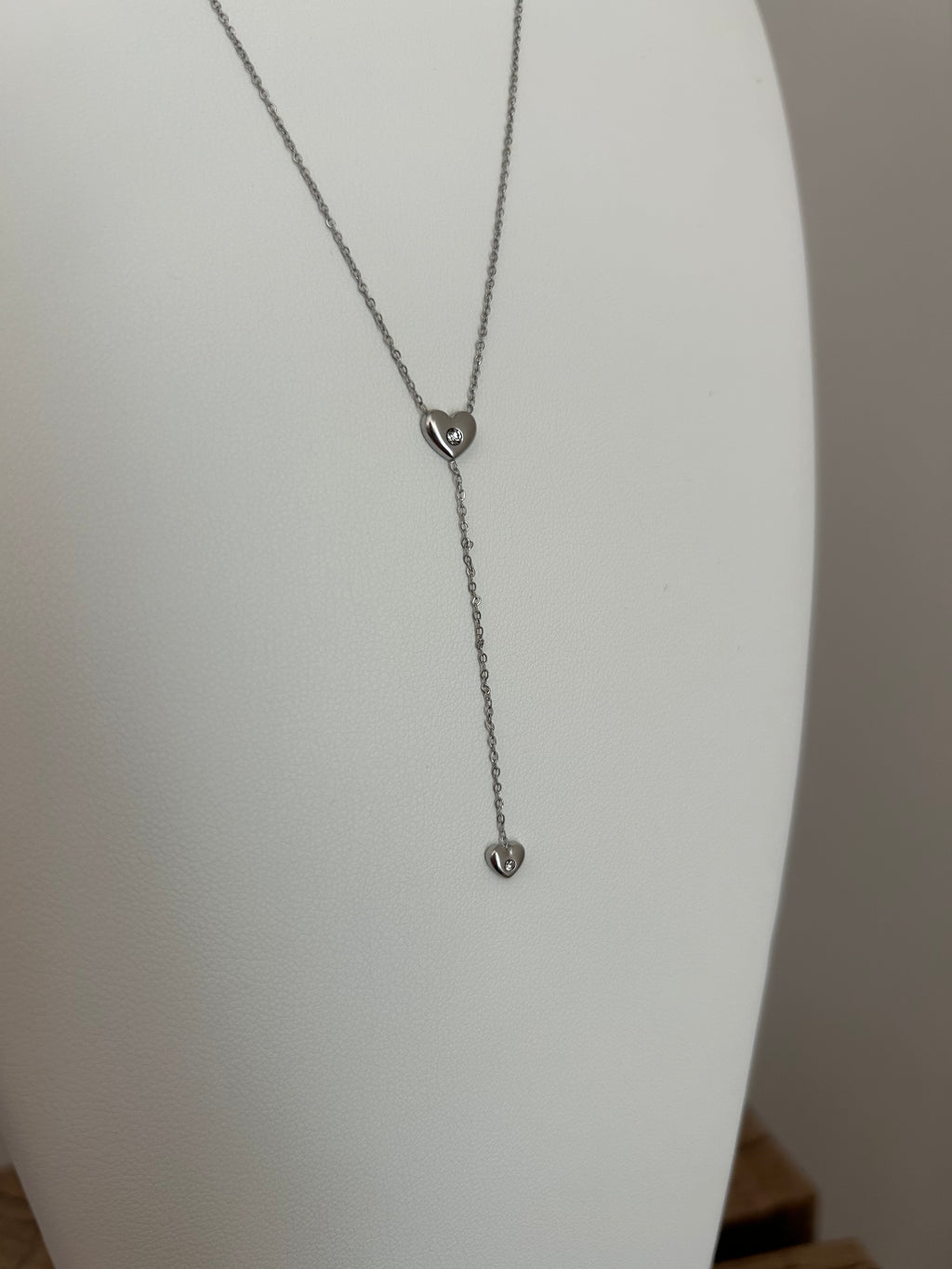 Collier Lariat Double Cœur Cristal - Acier Inoxydable Argenté