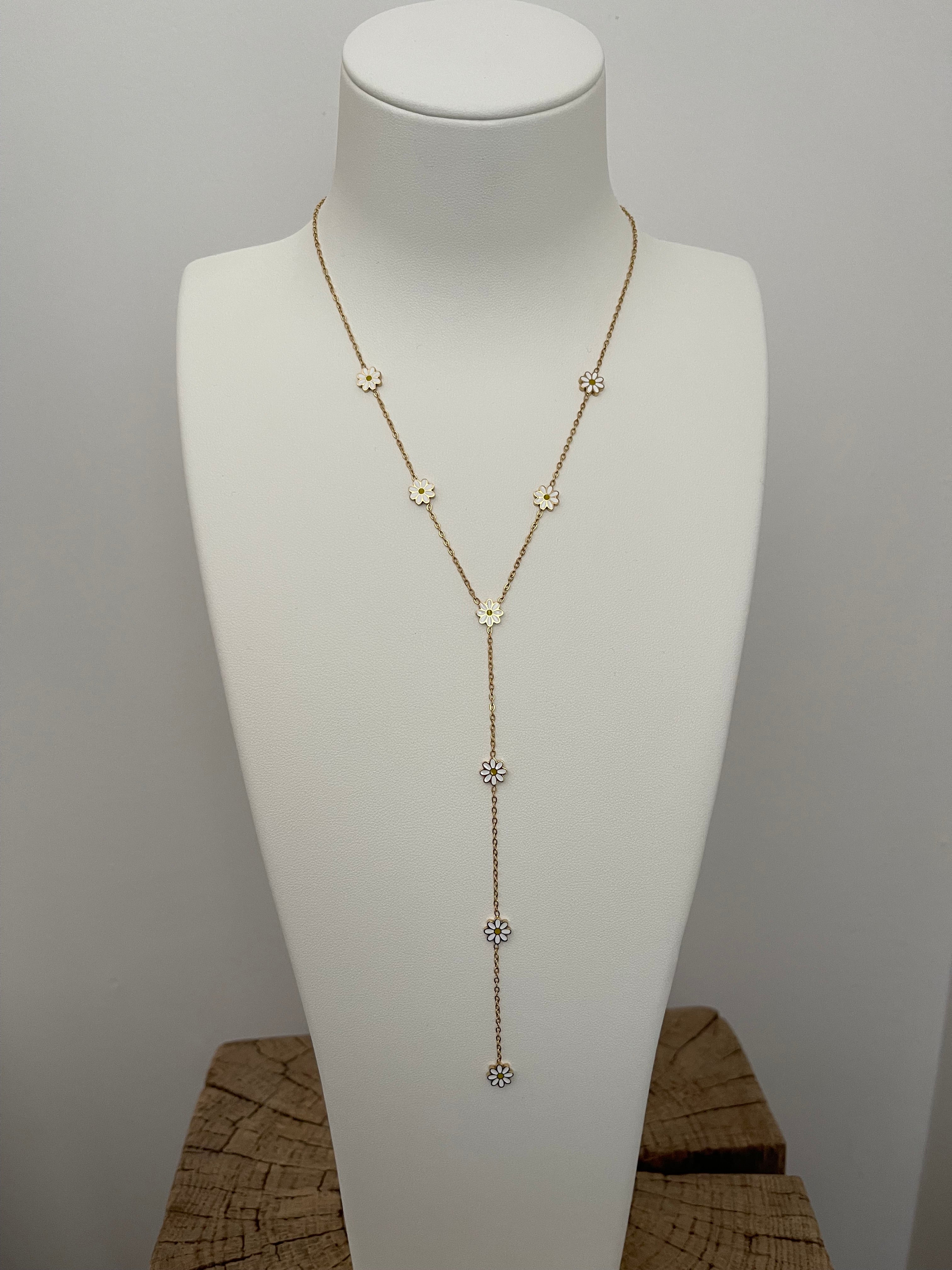 Collier Long Lariat Marguerites Émail - Acier Inoxydable Doré