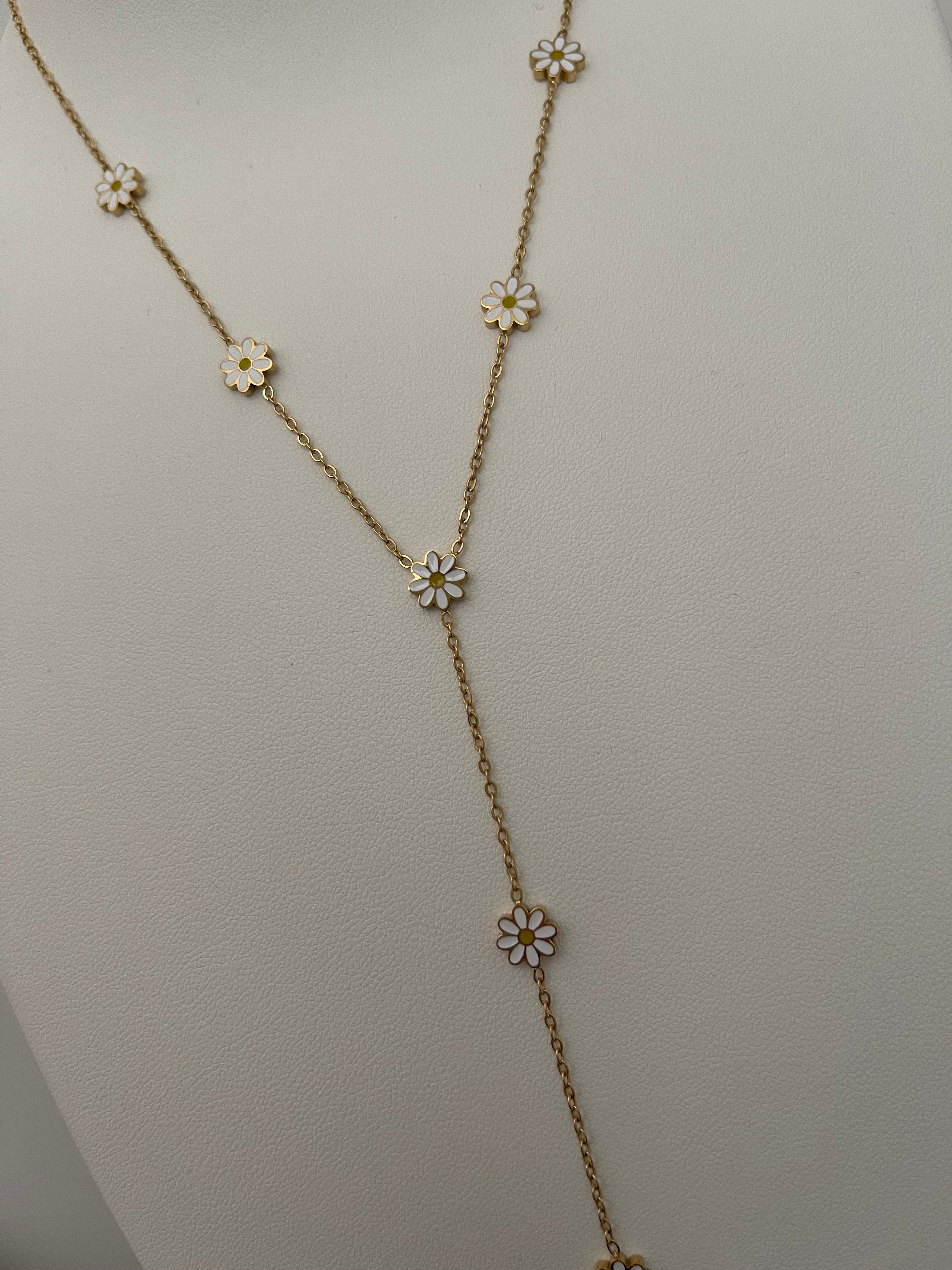 Collier Long Lariat Marguerites Émail - Acier Inoxydable Doré