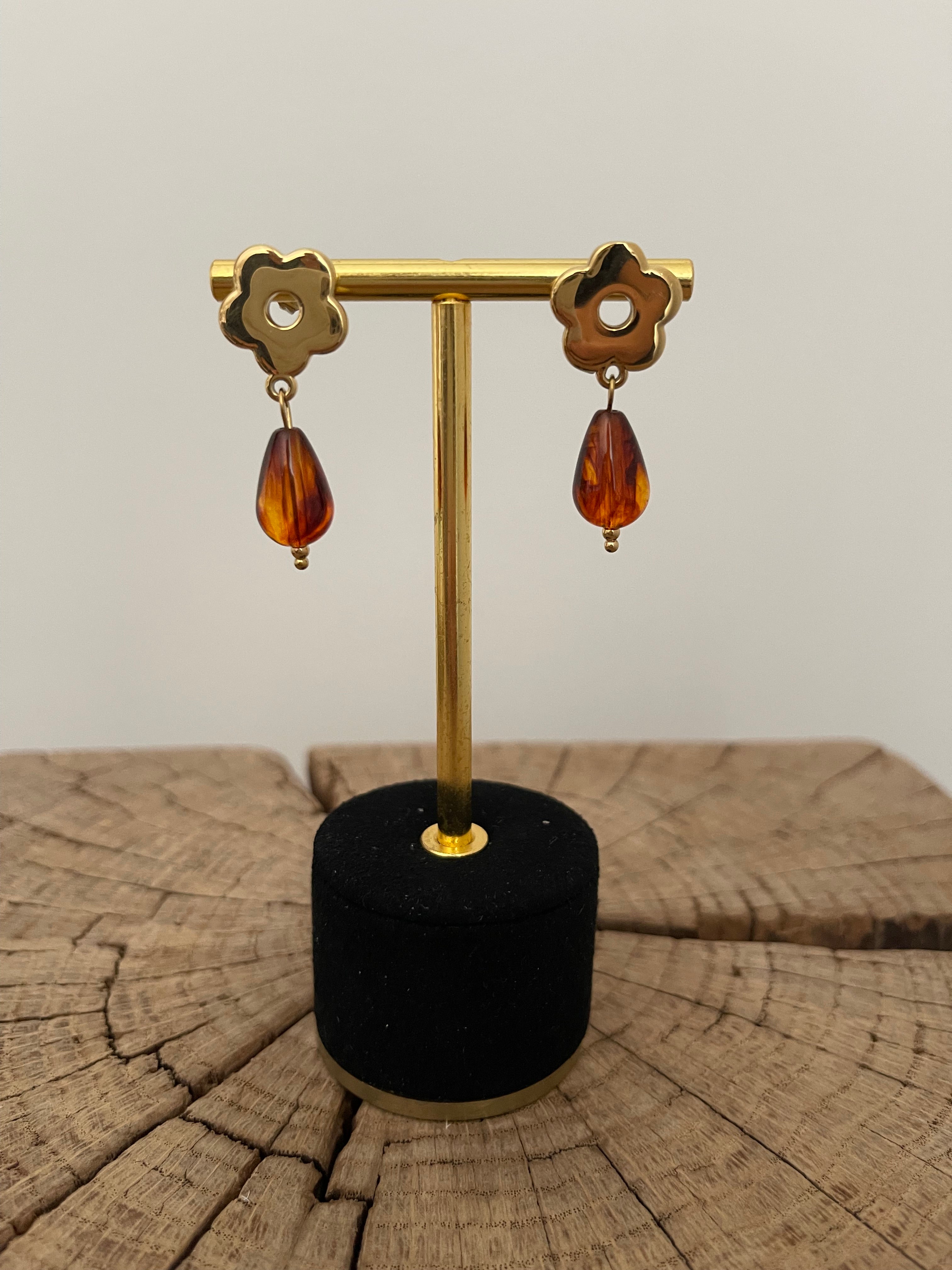 Boucles d'Oreilles Fleur & Goutte Ambre – Acier Inoxydable Doré