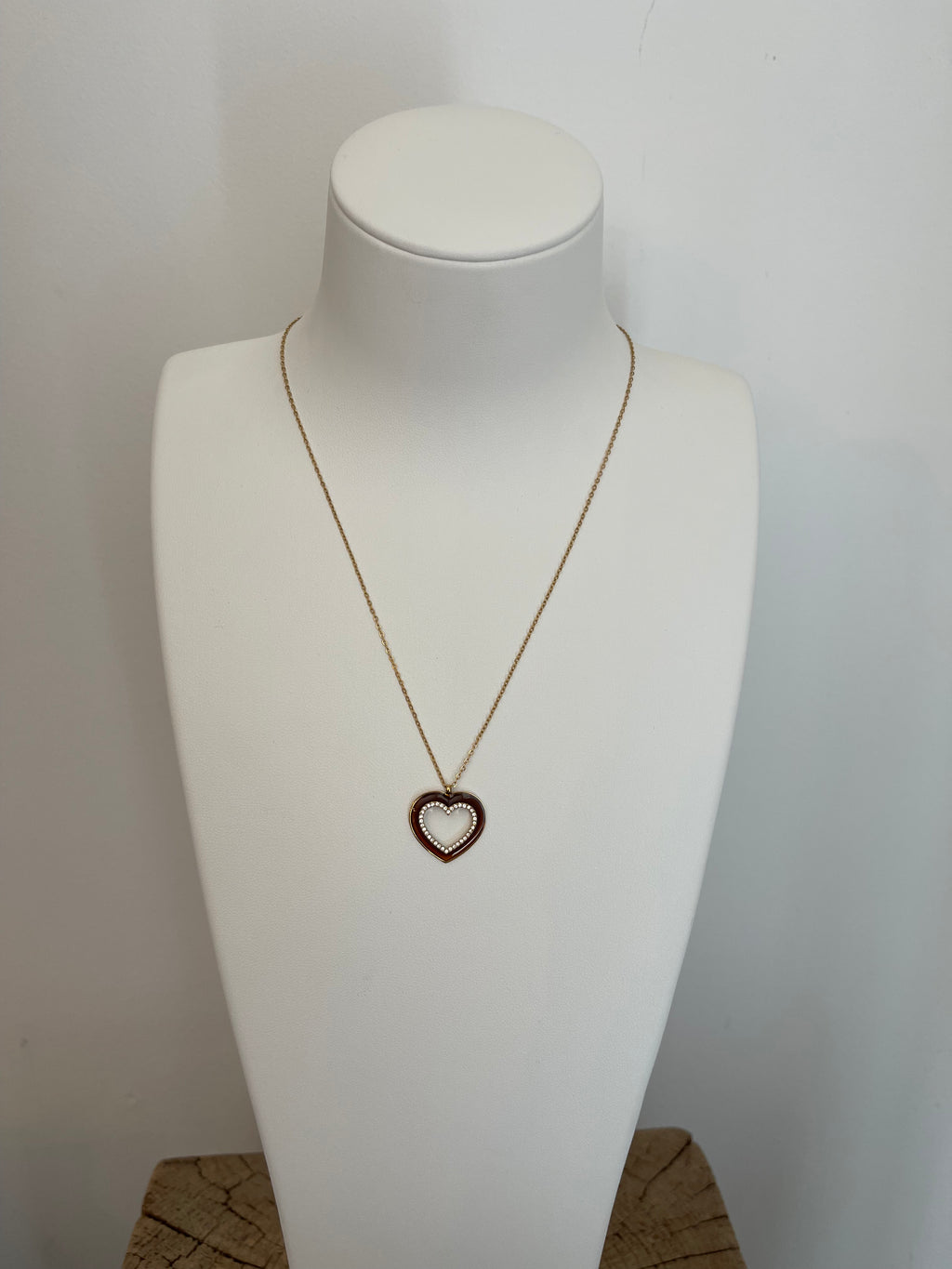 Collier Pendentif Cœur Émail Marron Strass - Acier Inoxydable Doré