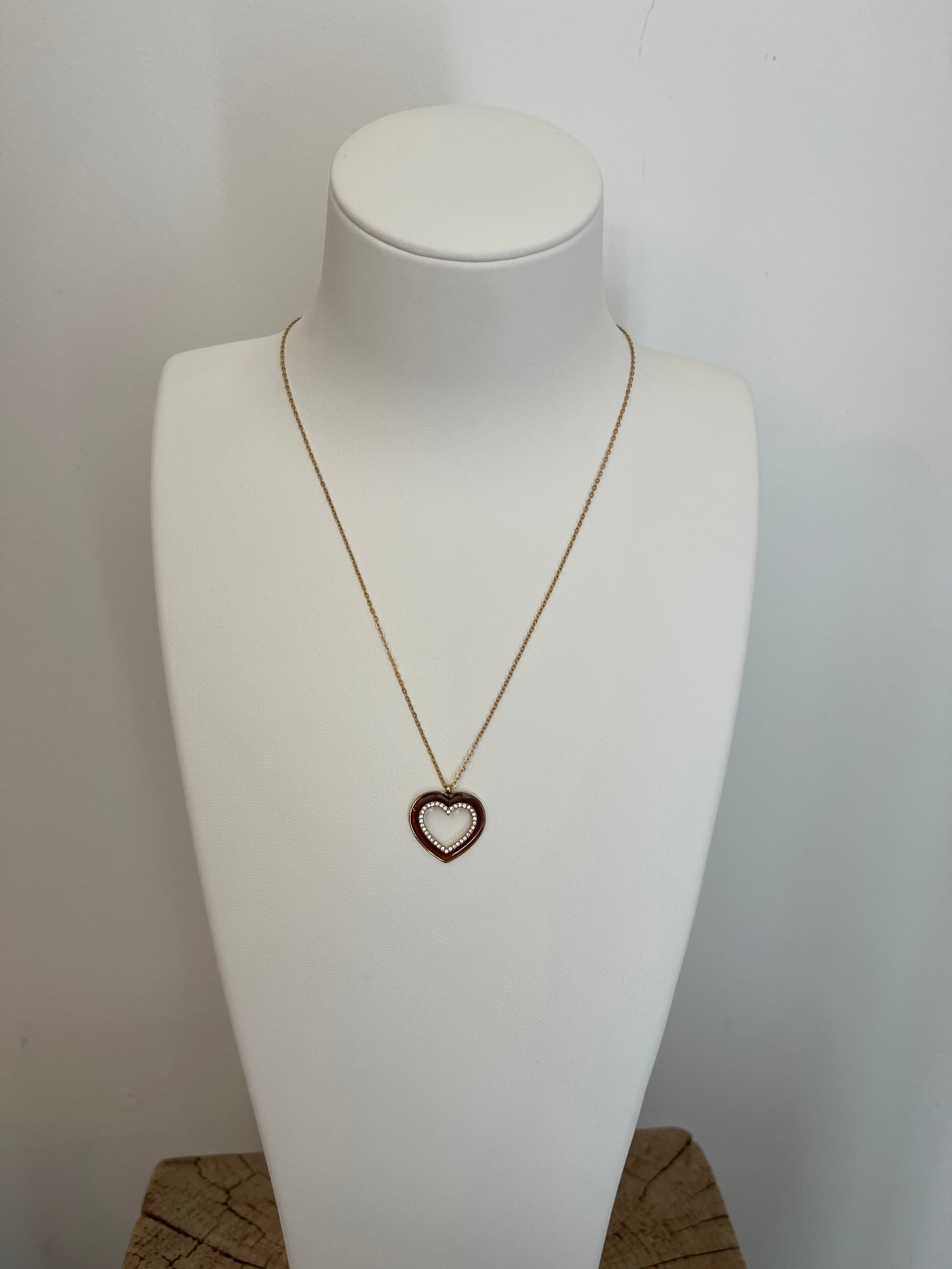 Collier Pendentif Cœur Émail Marron Strass - Acier Inoxydable Doré