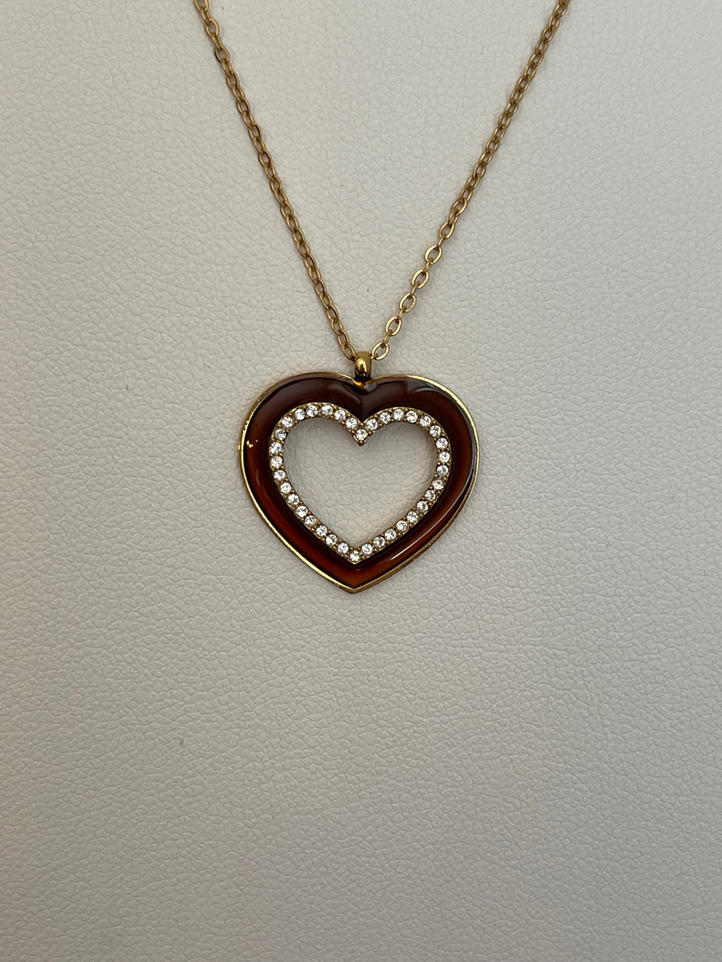 Collier Pendentif Cœur Émail Marron Strass - Acier Inoxydable Doré