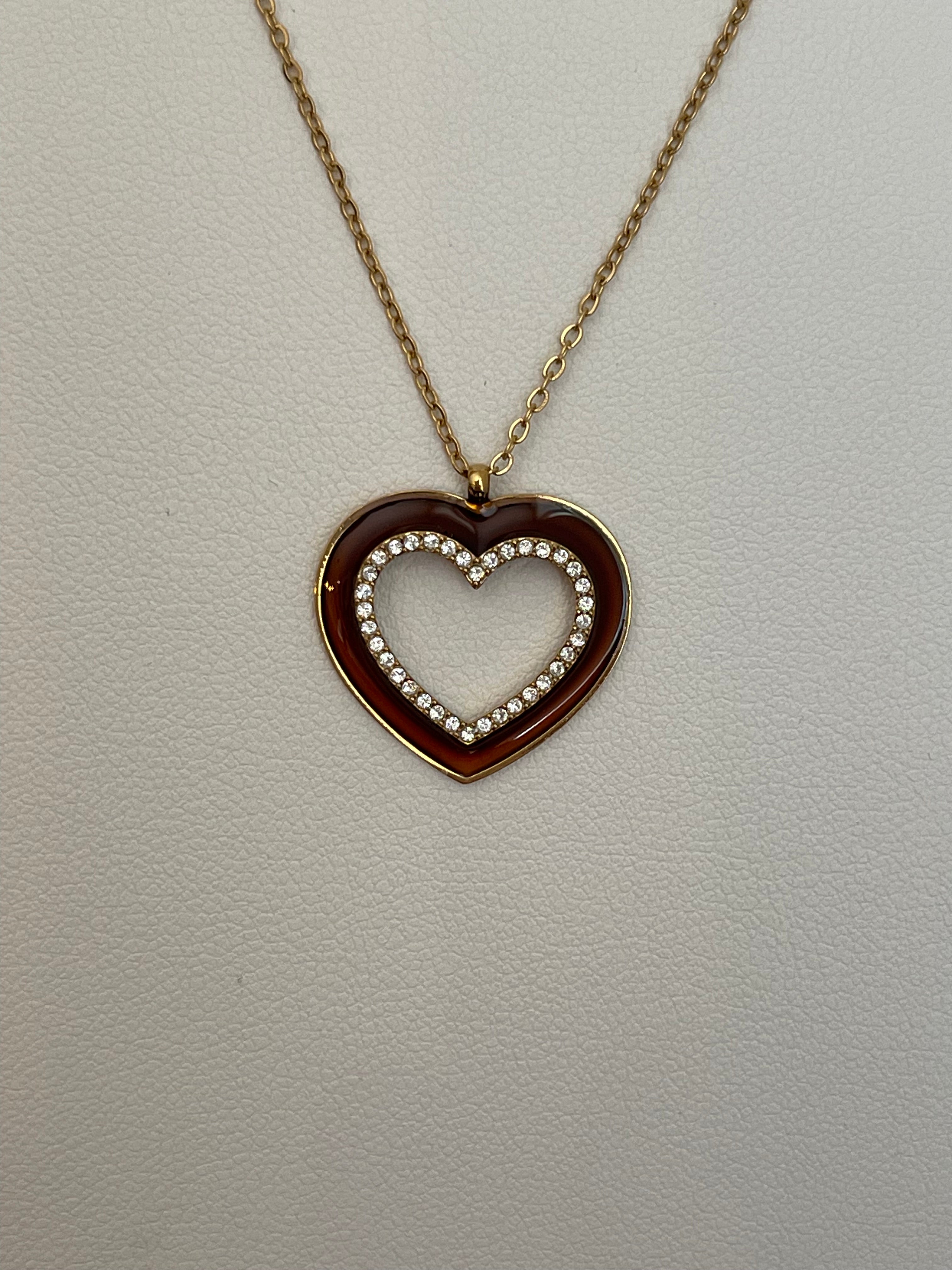 Collier Pendentif Cœur Émail Marron Strass - Acier Inoxydable Doré