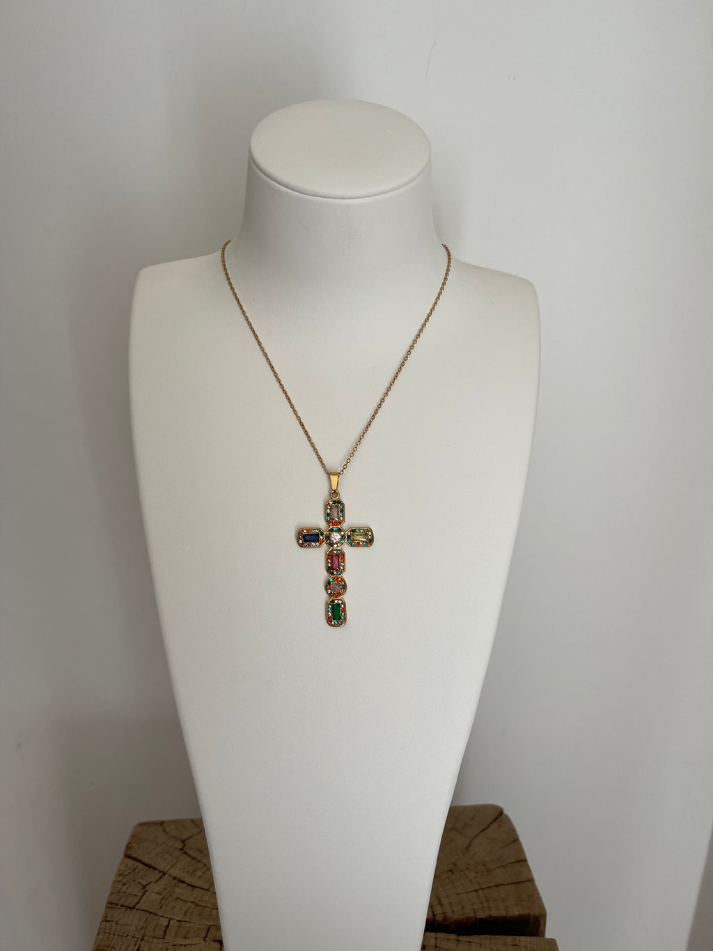 Collier Pendentif Croix Pierres Multicolores - Acier Inoxydable Doré