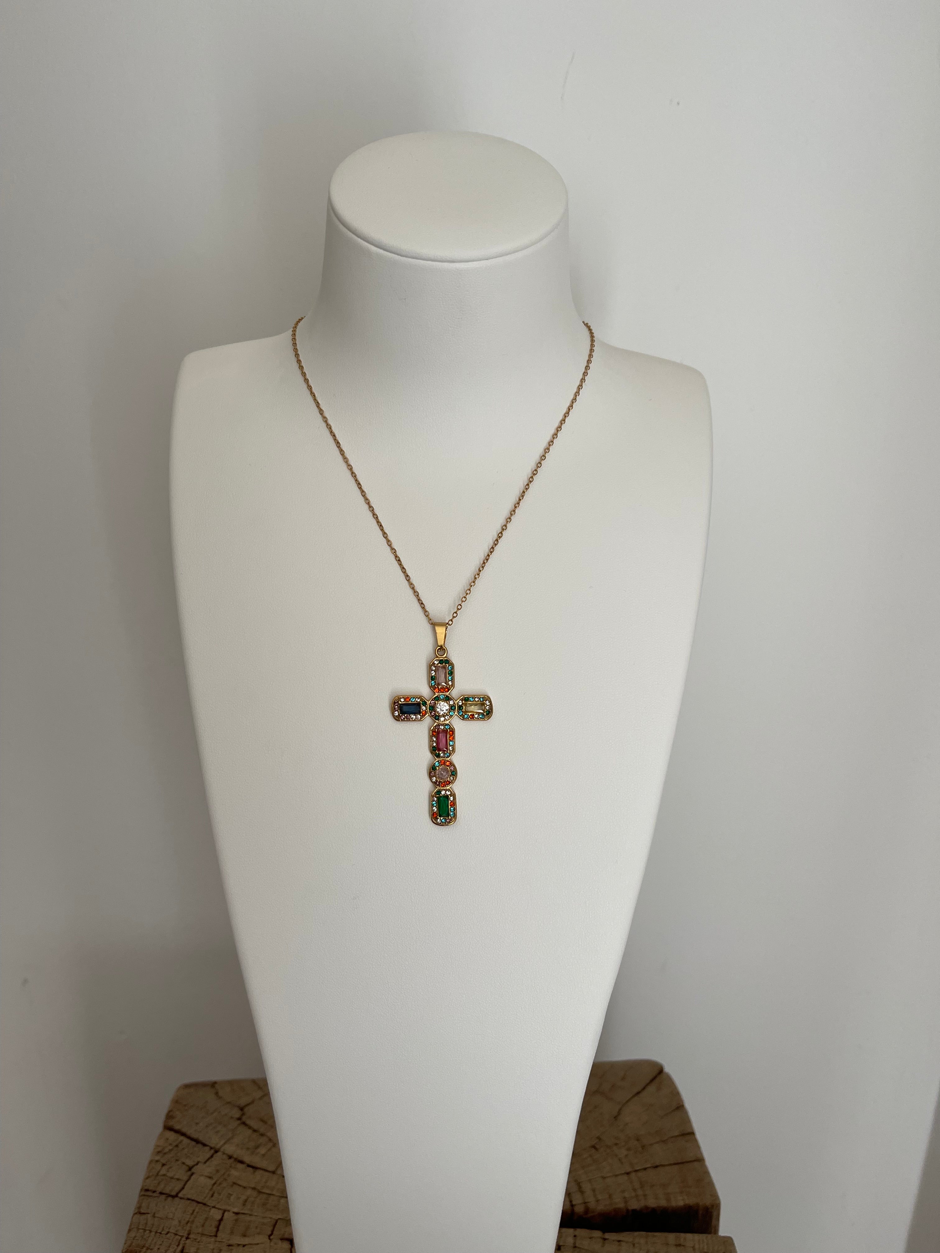 Collier Pendentif Croix Pierres Multicolores - Acier Inoxydable Doré