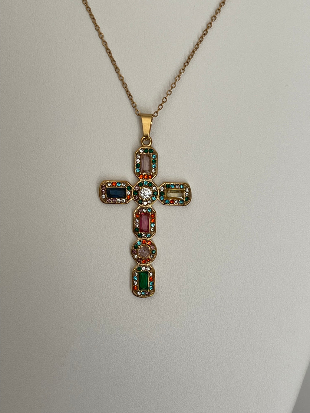 Collier Pendentif Croix Pierres Multicolores - Acier Inoxydable Doré