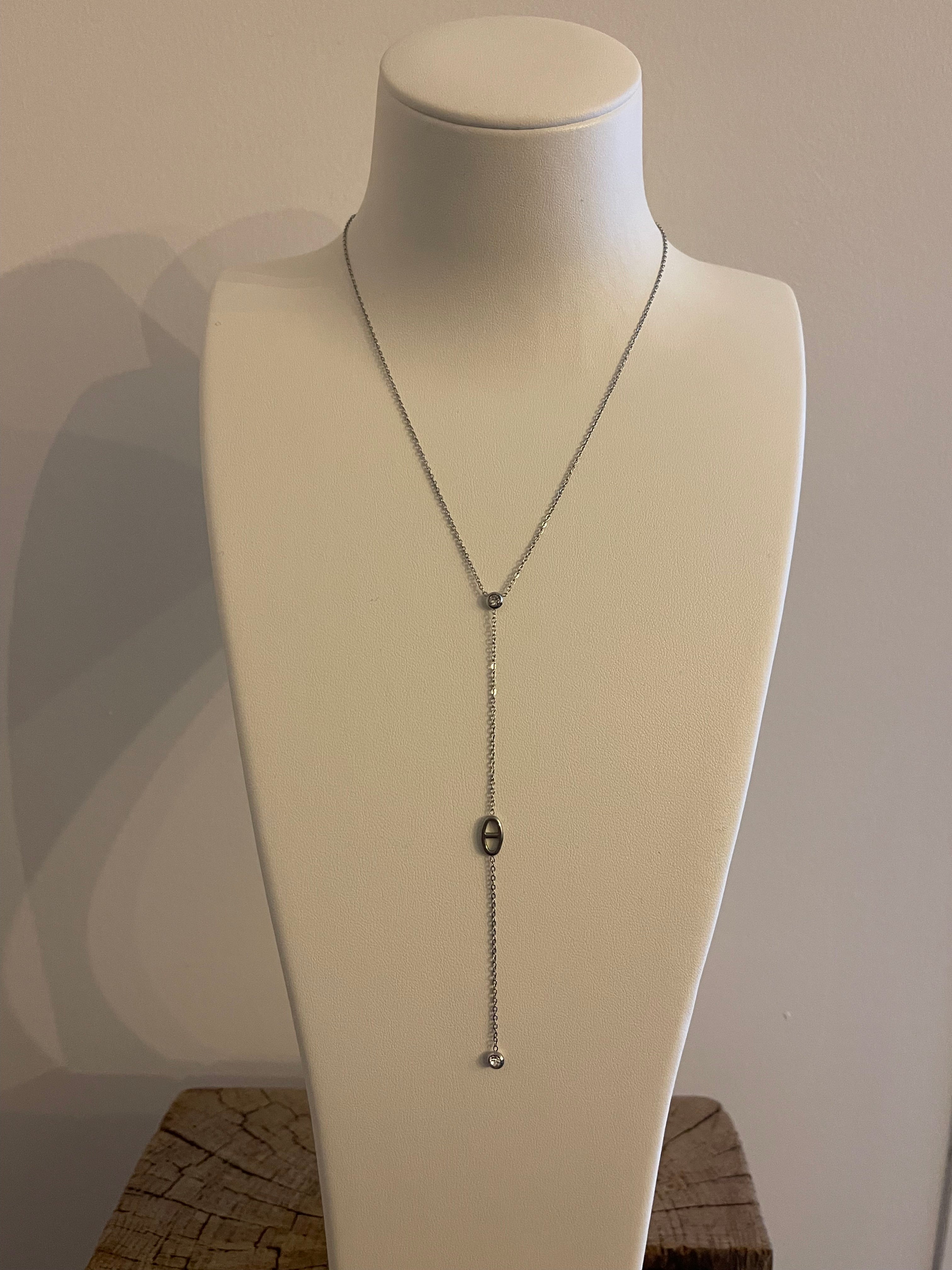 Collier Lariat Maillon Marin Cristal - Acier Inoxydable Argenté