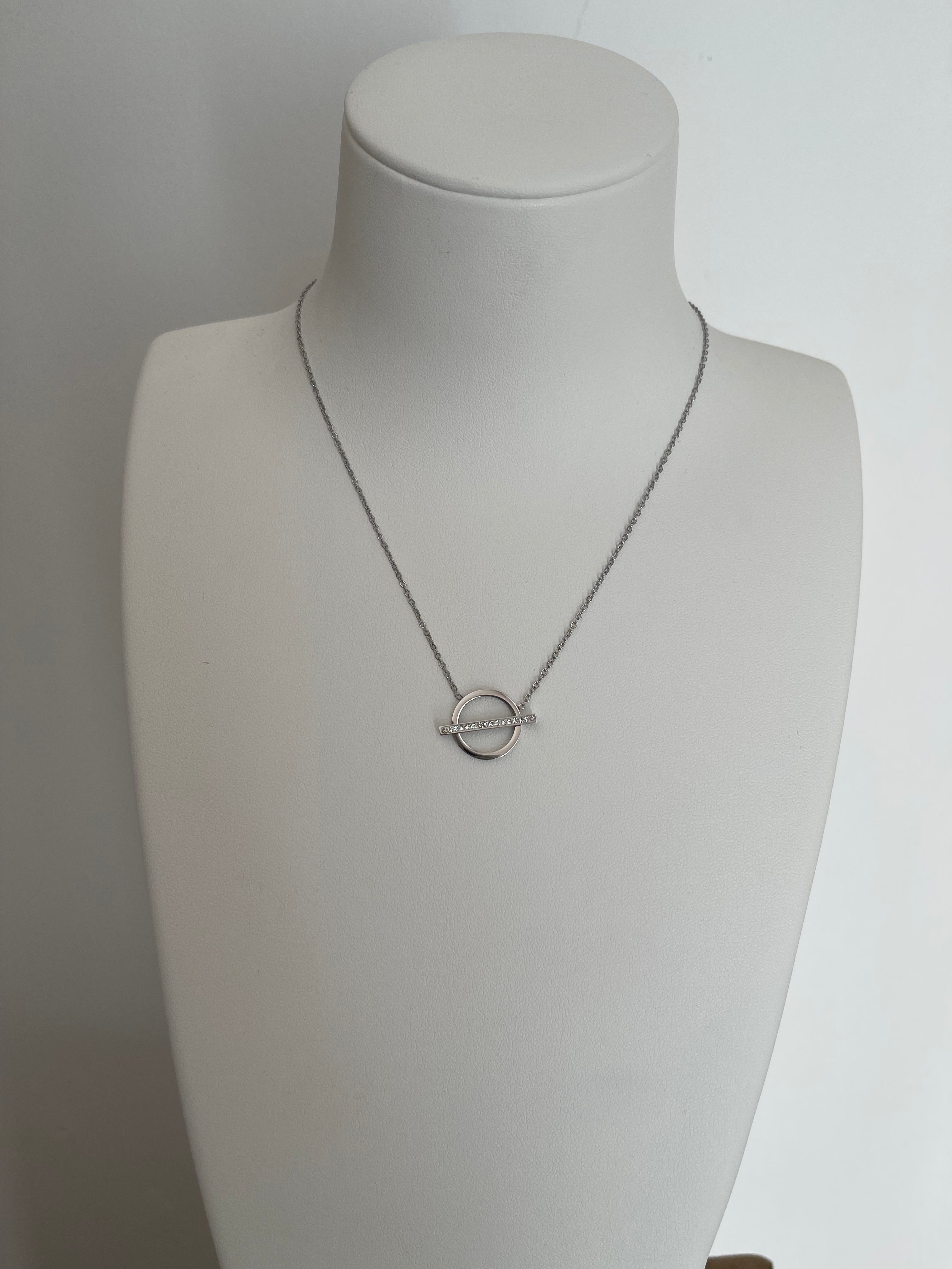 Collier Pendentif Cercle Barre Strass - Acier Inoxydable Argenté